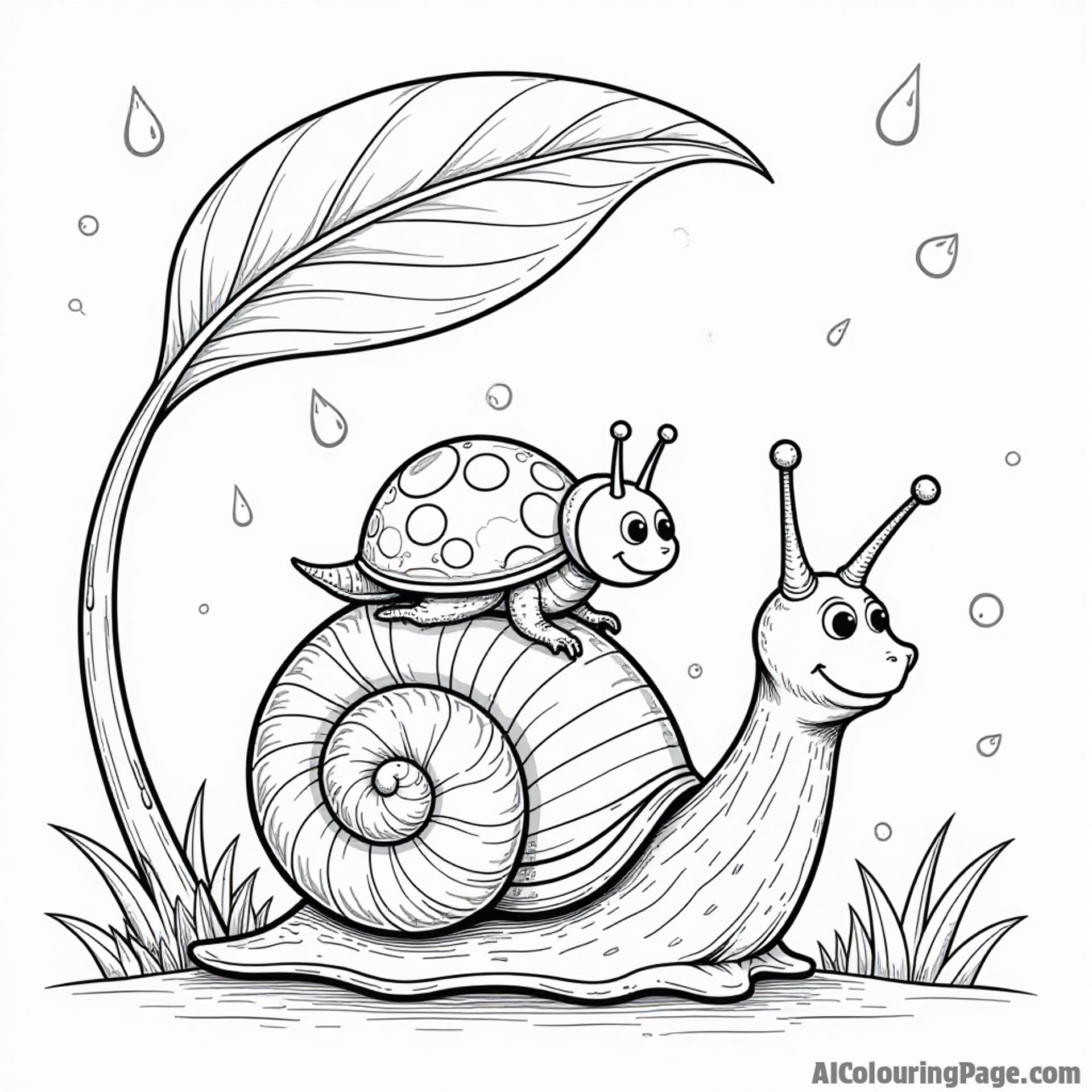 A playful ladybug riding on the back of a friendly snail under a giant leaf, with raindrops falling around them.