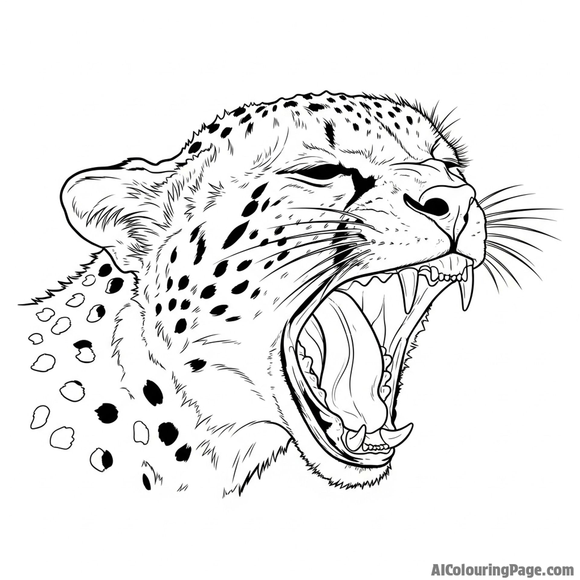 A cheetah mid-yawn, revealing formidable teeth and a powerful jaw.