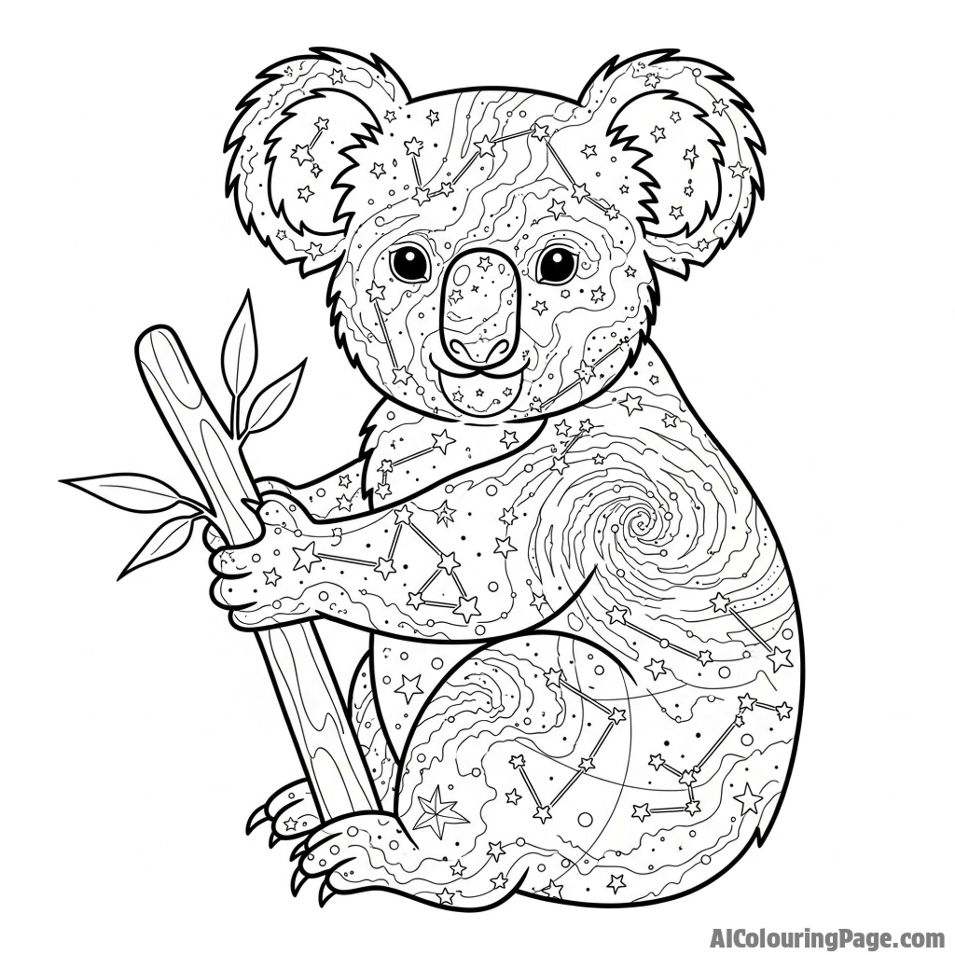 A koala's form composed entirely of a celestial star map and nebulae.