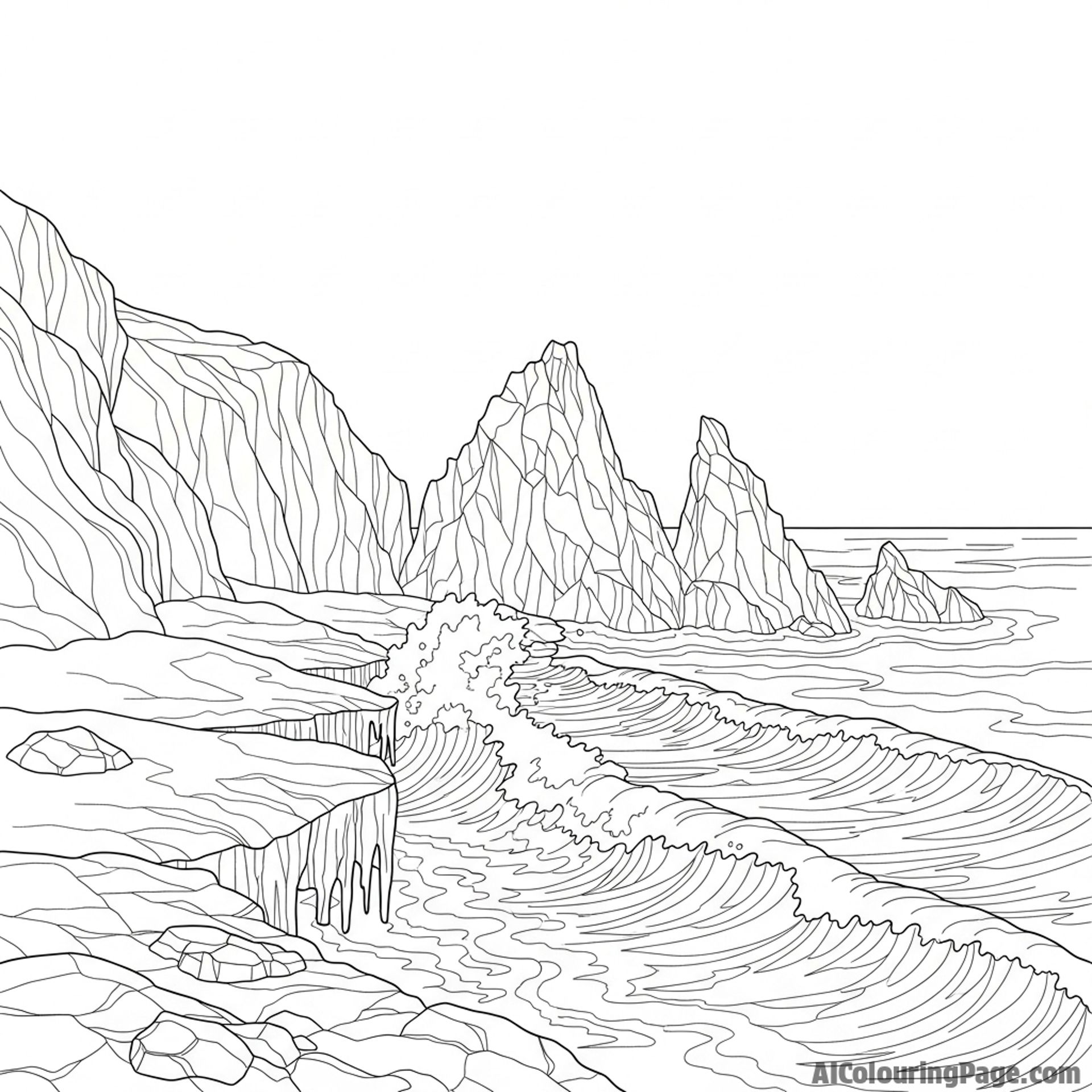 Frozen, rocky coastline with crashing waves