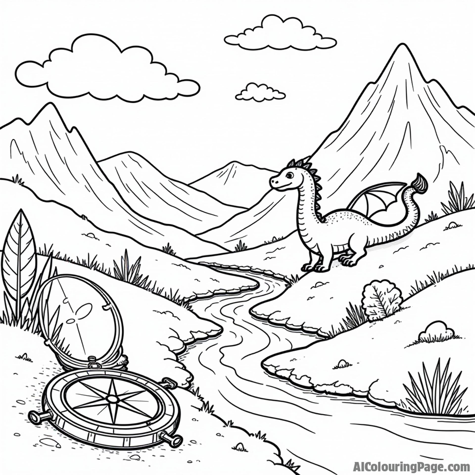 A magical landscape with a compass, a friendly dragon, and a winding river, encouraging kids to explore their creativity through this enchanting coloring adventure.
