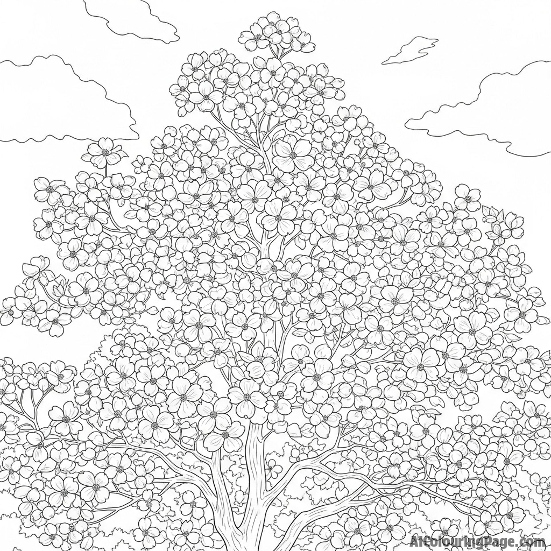 Blooming dogwood tree, silhouette against a bright sky.