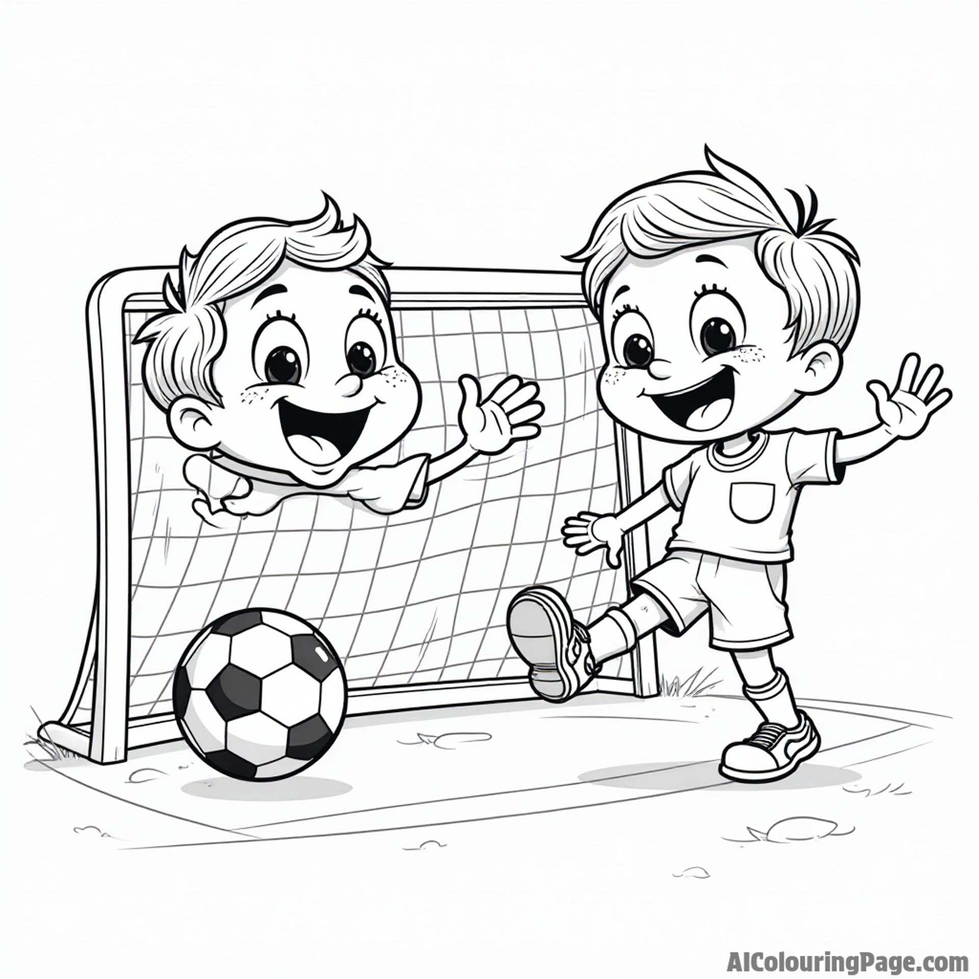 A joyful sports scene with a happy soccer ball character, a cheerful goalpost, and a playful referee with a whistle.