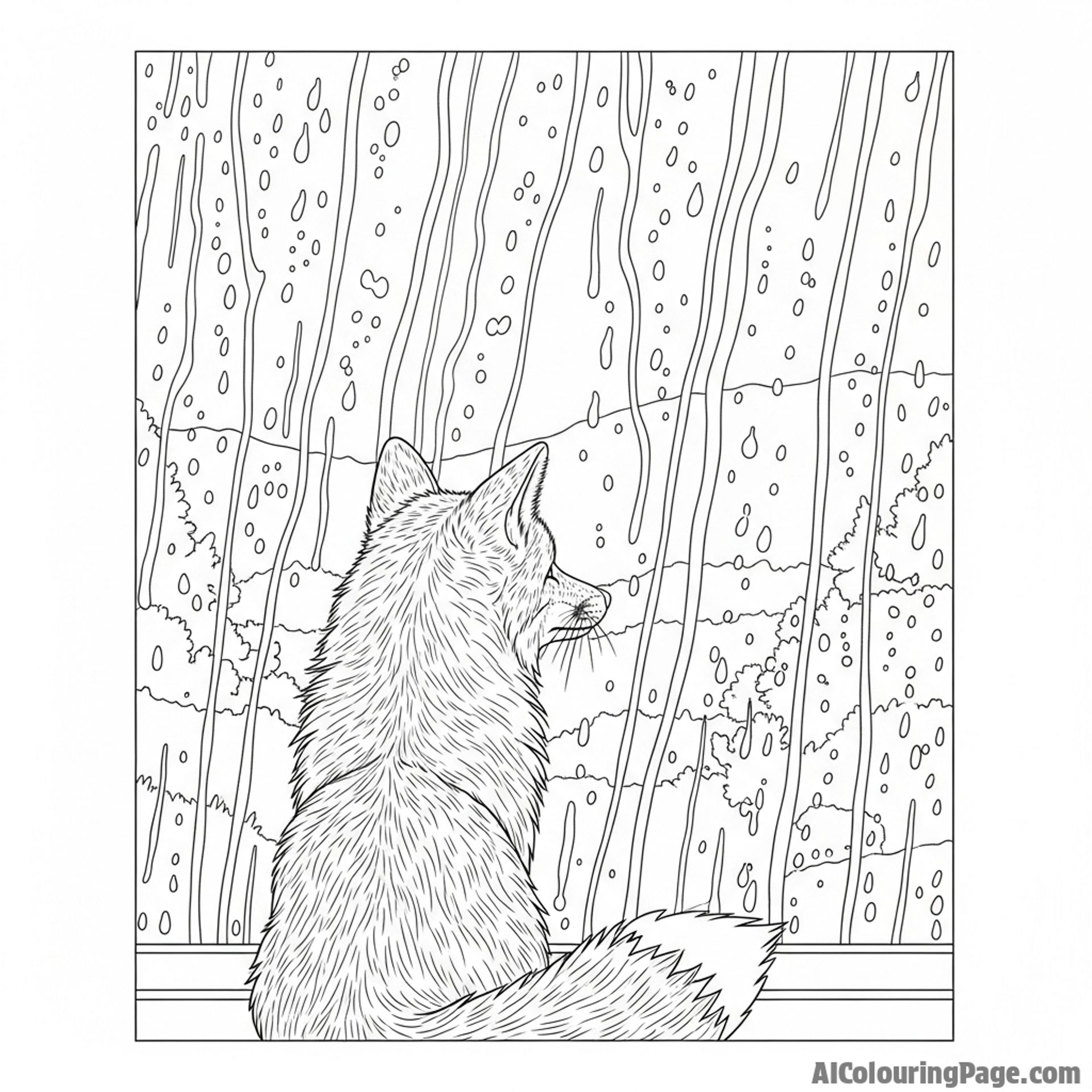 A lonely fox looking out a rain-streaked window pane at a blurred landscape.