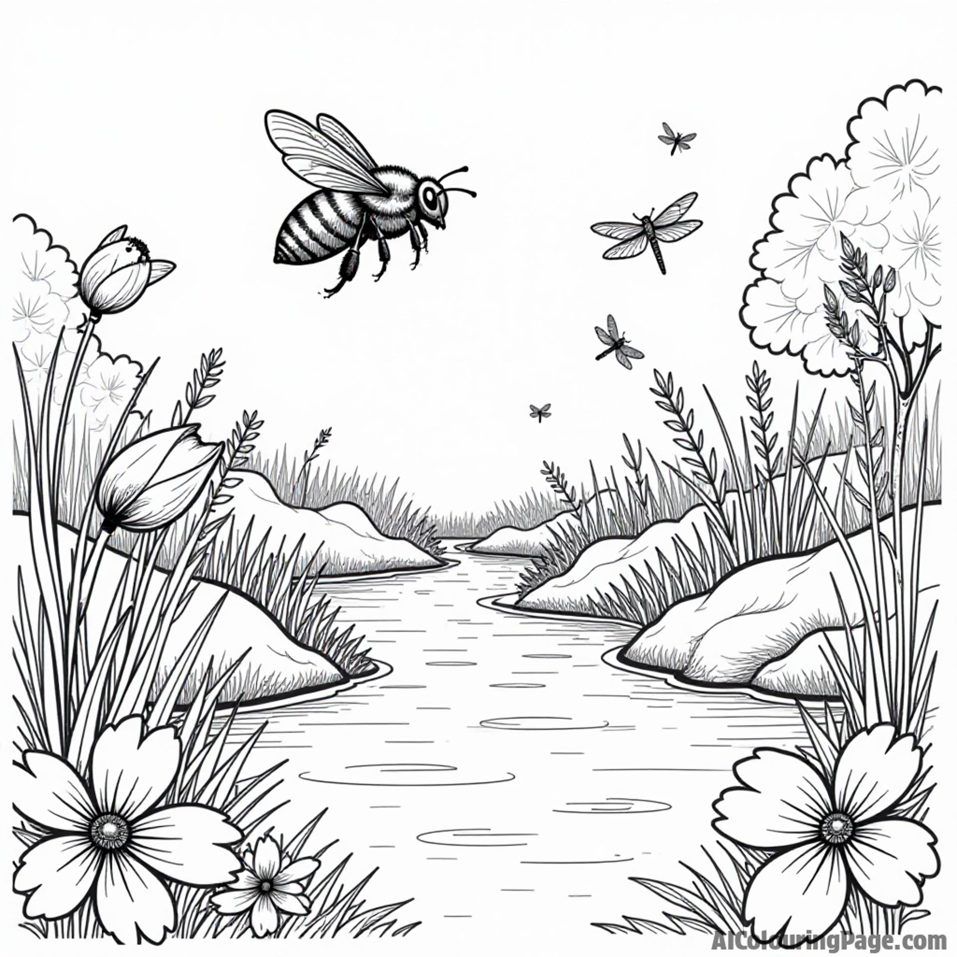 A bee flying above a bubbling brook, with dragonflies darting around and flowers lining the water's edge.