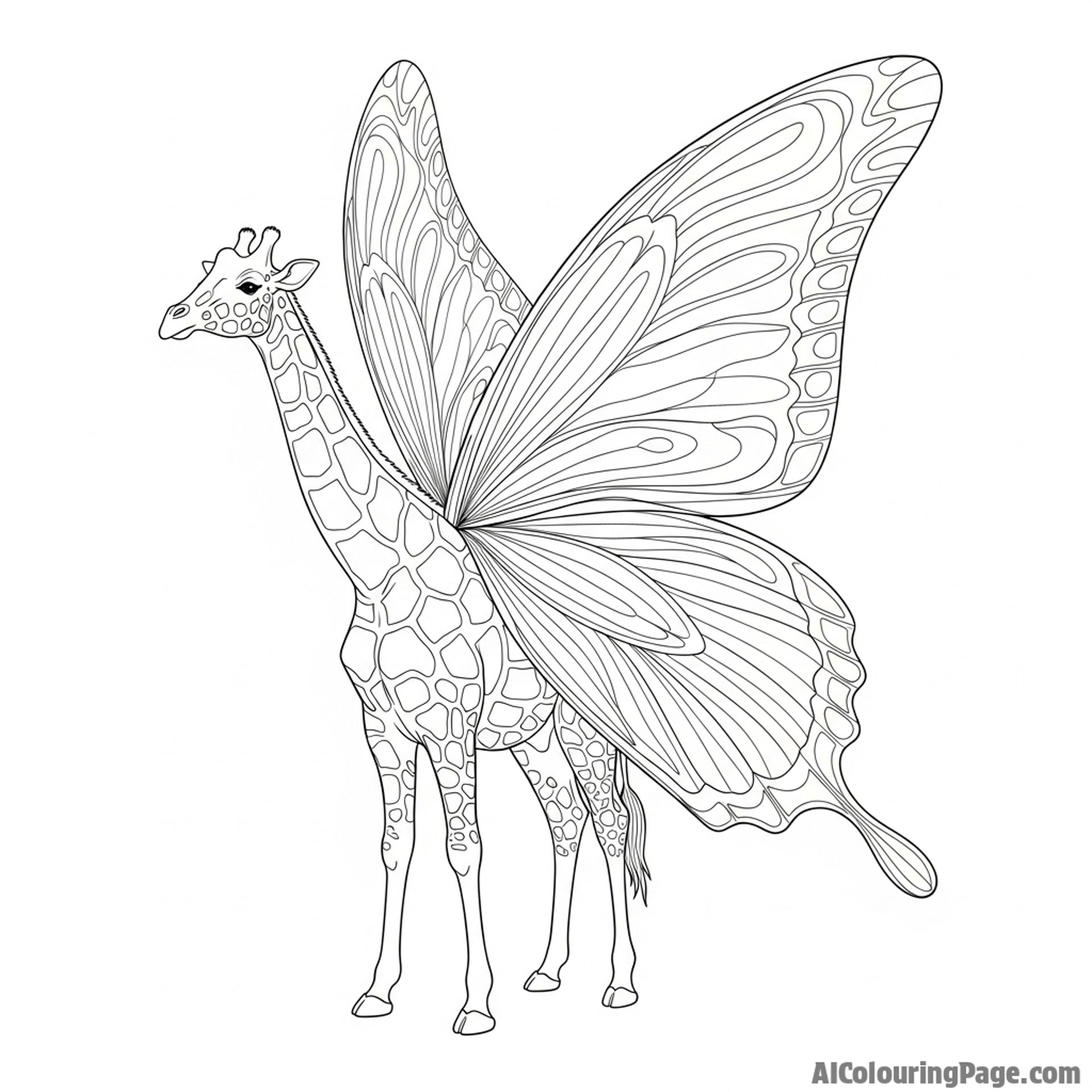 A fantasy concept of a giraffe with delicate, intricate butterfly wings.
