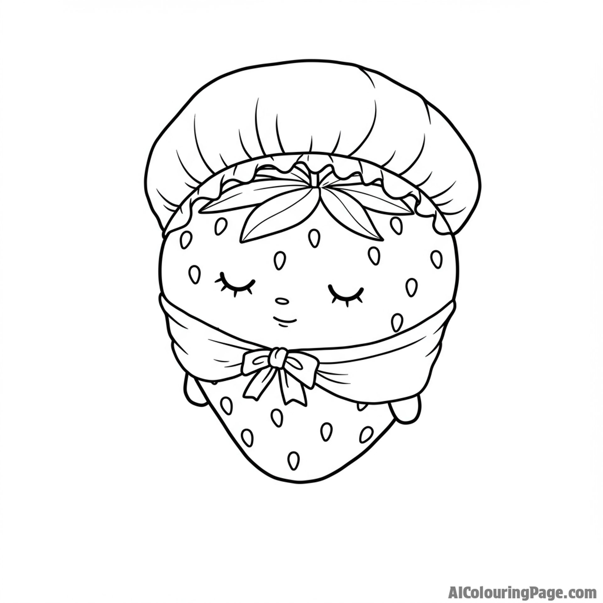 strawberry wearing a bonnet, sleepy eyes