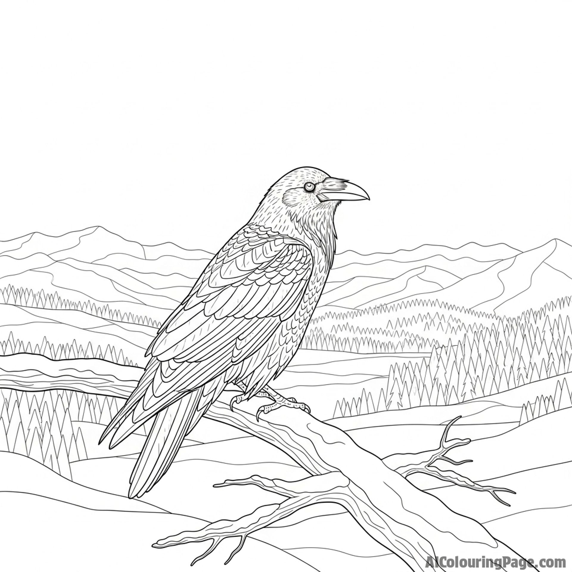 Solitary raven perched on a snowy branch, watching over the landscape.