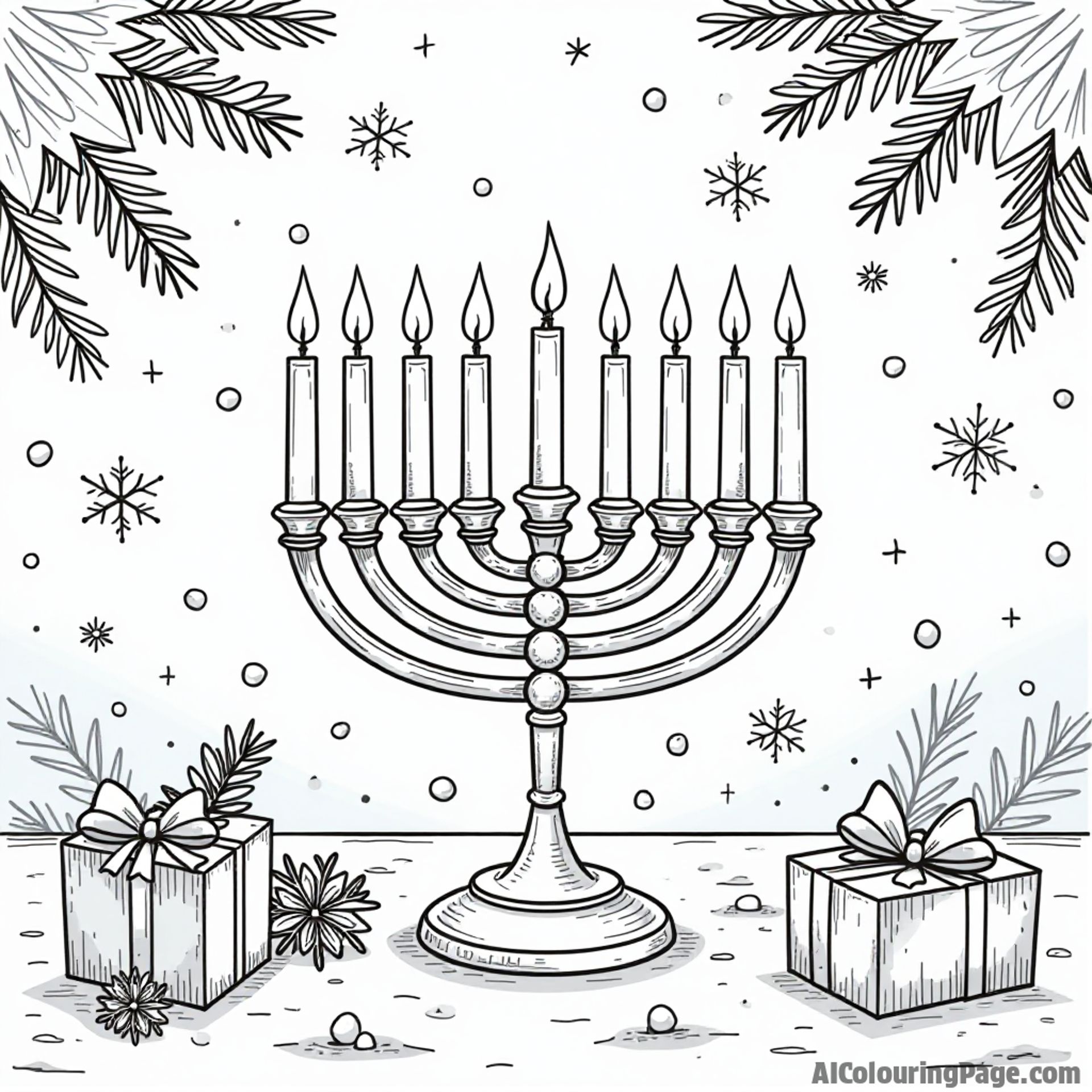 A menorah surrounded by winter decorations, snowflakes gently falling, and a cozy atmosphere, inviting kids to explore the beauty of Hanukkah in their coloring book.