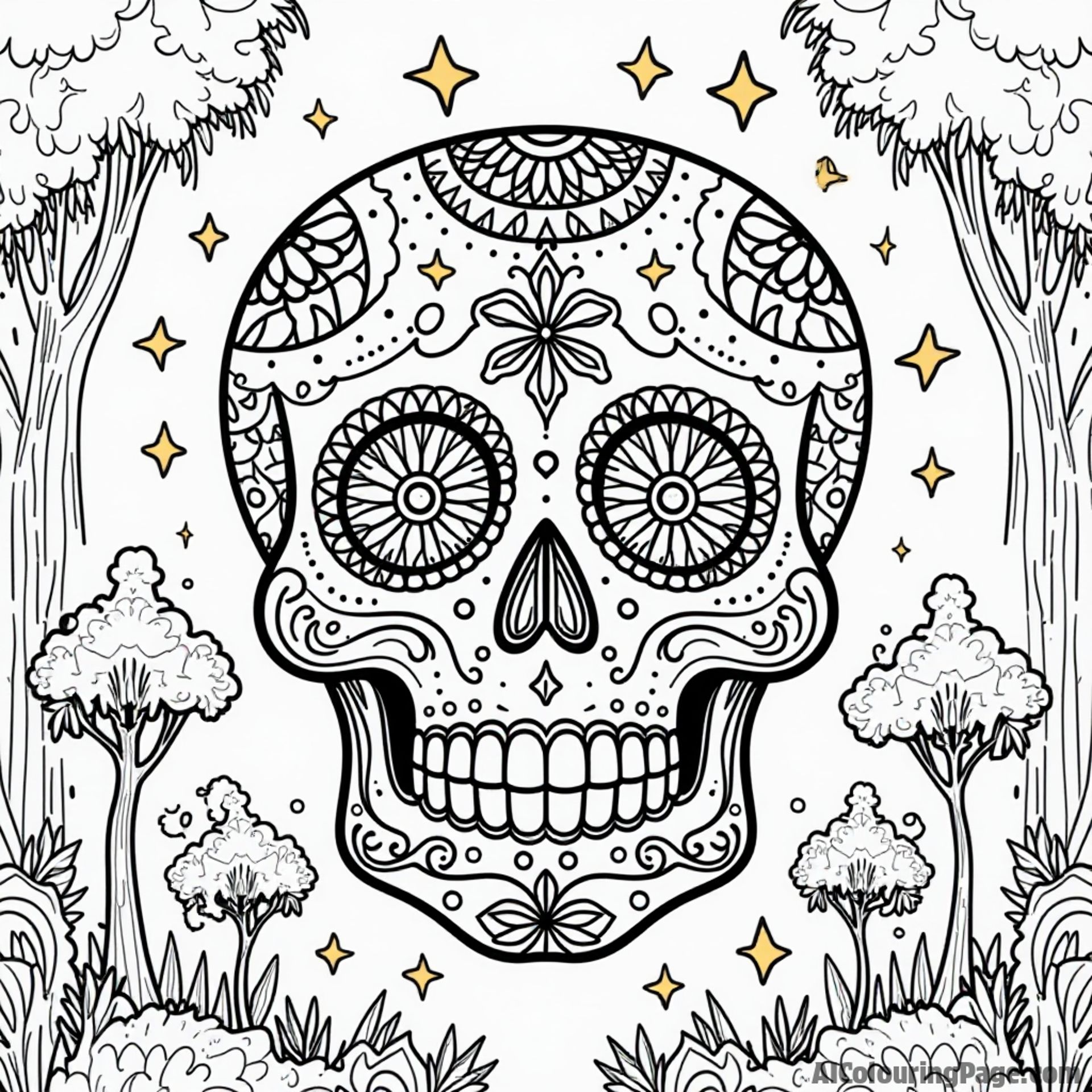 A giant sugar skull surrounded by whimsical trees and stars, creating a magical atmosphere for kids to color while celebrating the spirit of the Day of the Dead.