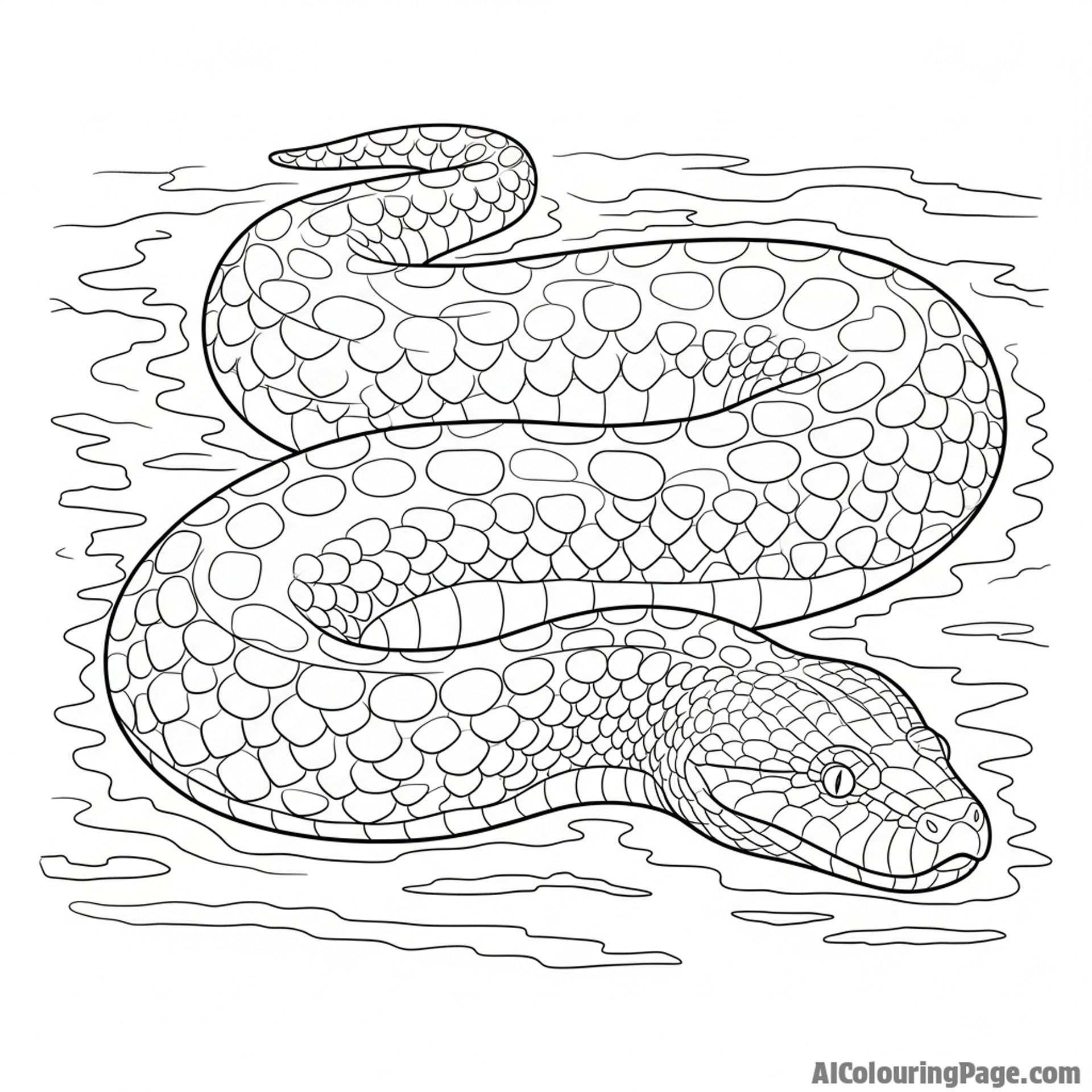 A massive anaconda swimming in a muddy river.