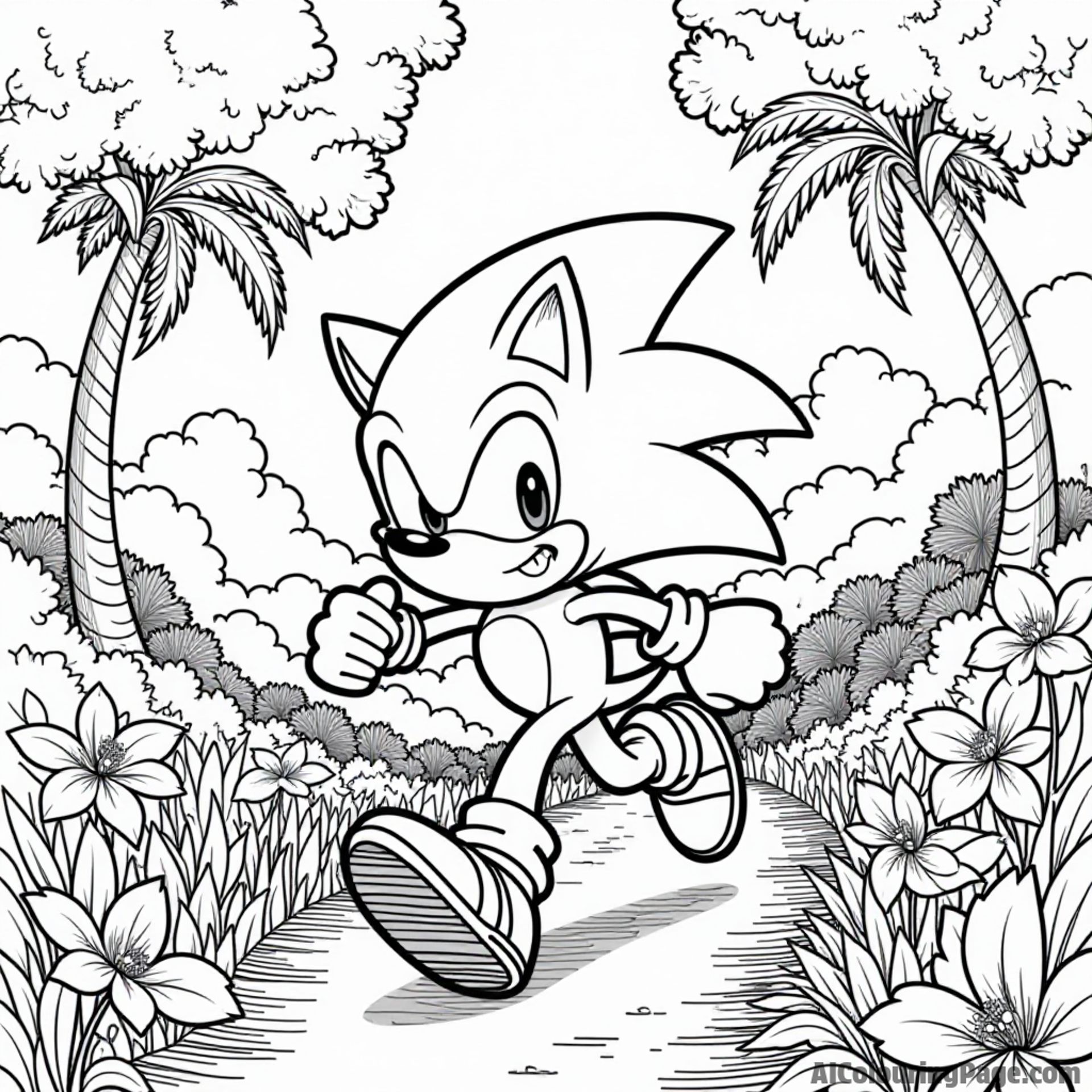 Sonic running through a lush green forest, vibrant flowers blooming around him, with a clear blue sky overhead to color.