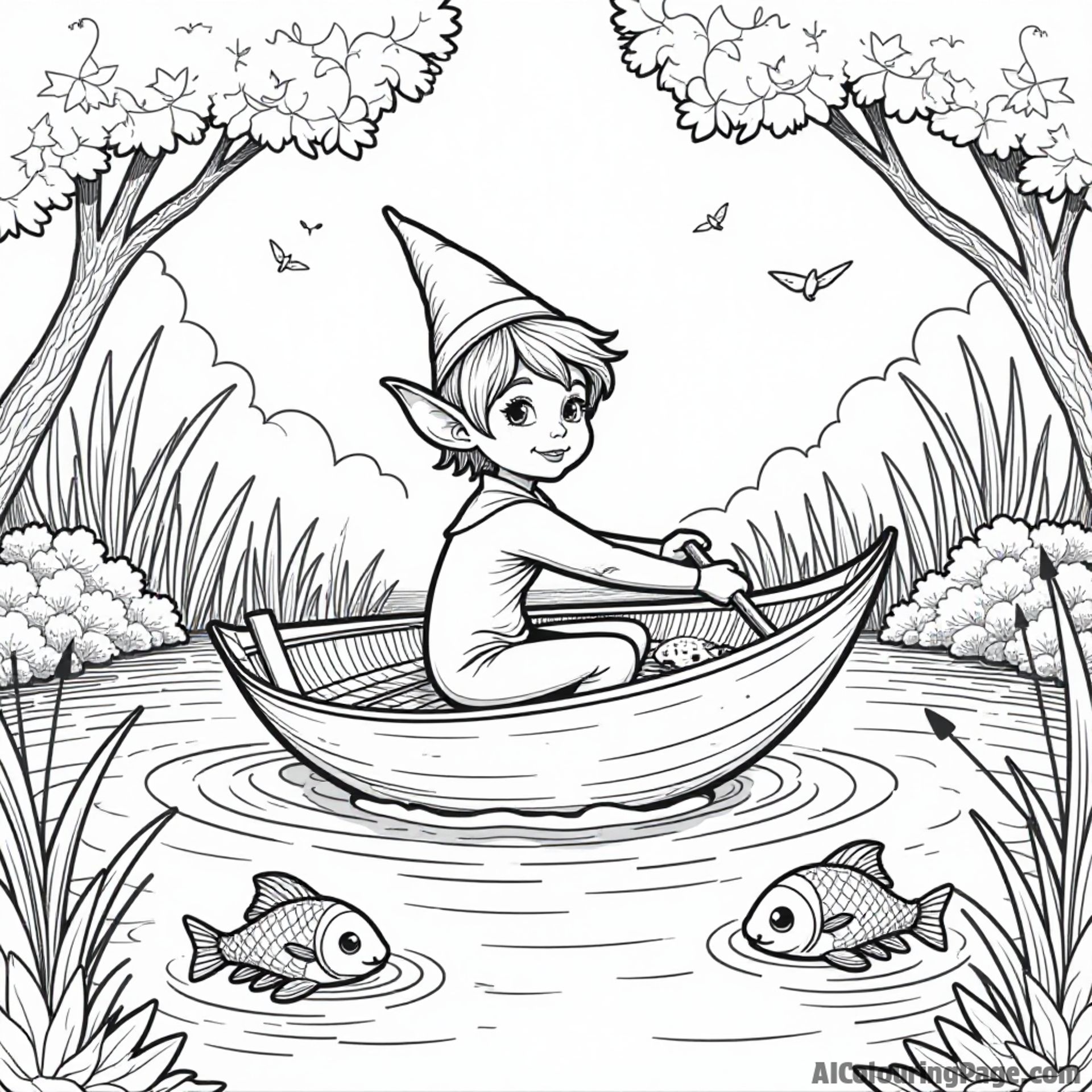 An elf sailing on a leaf boat down a sparkling stream, with playful fish jumping around, creating a serene scene for children to color in their imaginative ways.