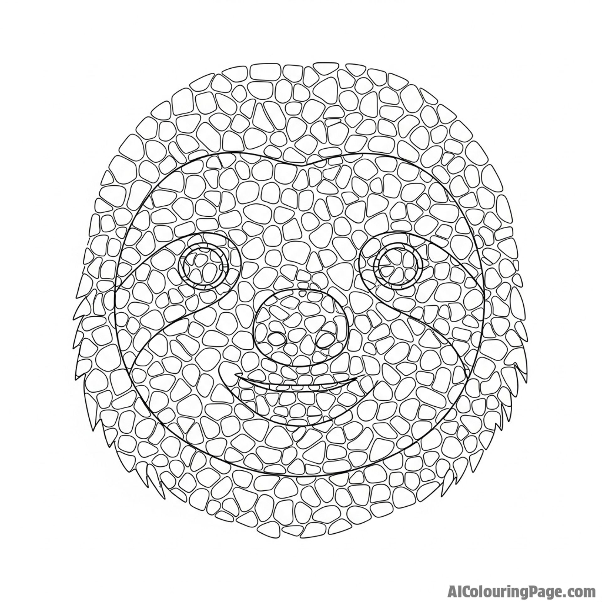 A sloth’s face depicted as an intricate mosaic of tiny stones.