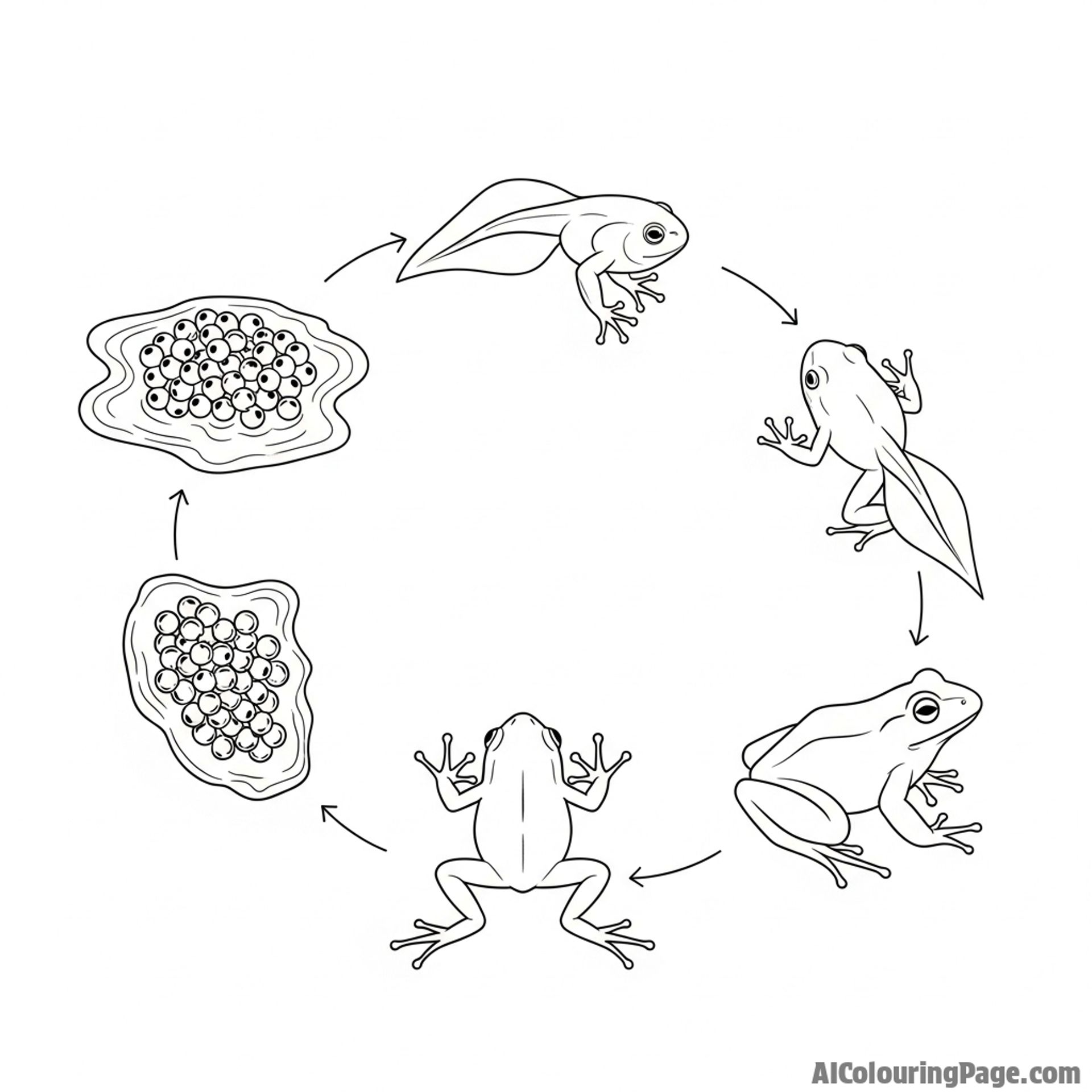 A line-art drawing of a frog's life cycle, from tadpole to adult.