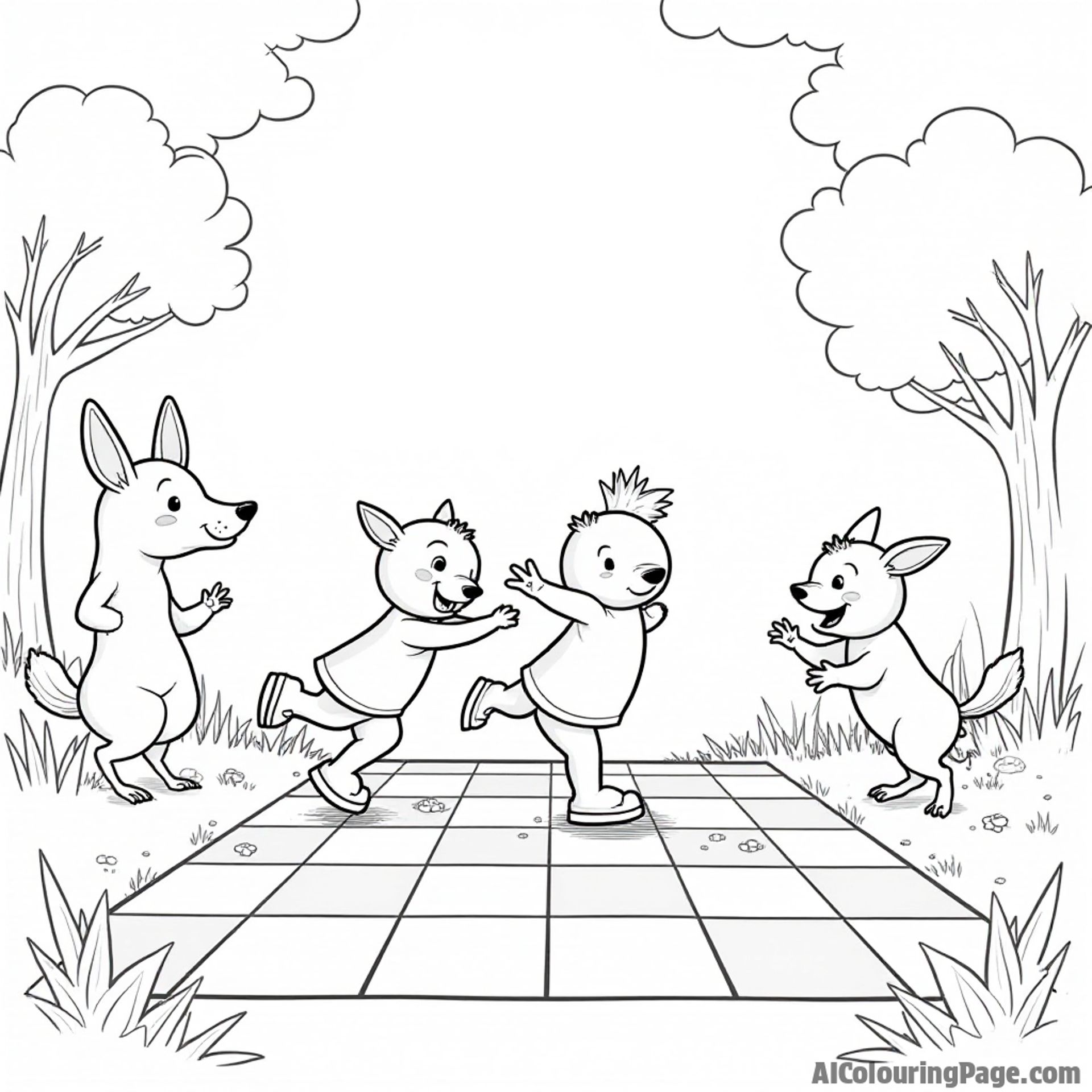 Two playful pawns engaging in a friendly race across a giant chessboard, surrounded by cheering woodland animals, creating a fun and exciting atmosphere for kids to bring to life.