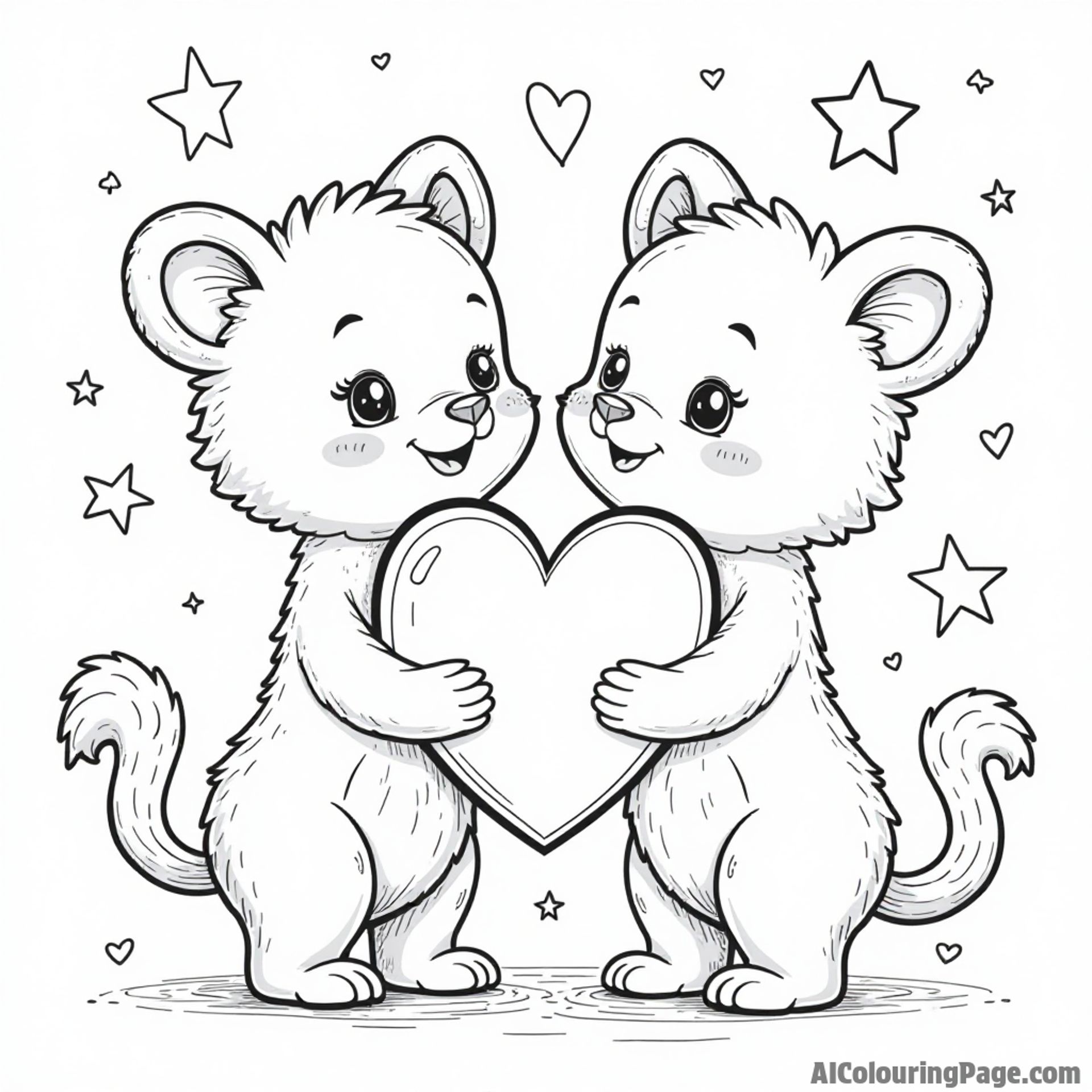 Two cute cartoon animals holding a giant heart between them surrounded by stars and sparkles for Valentine’s celebration
