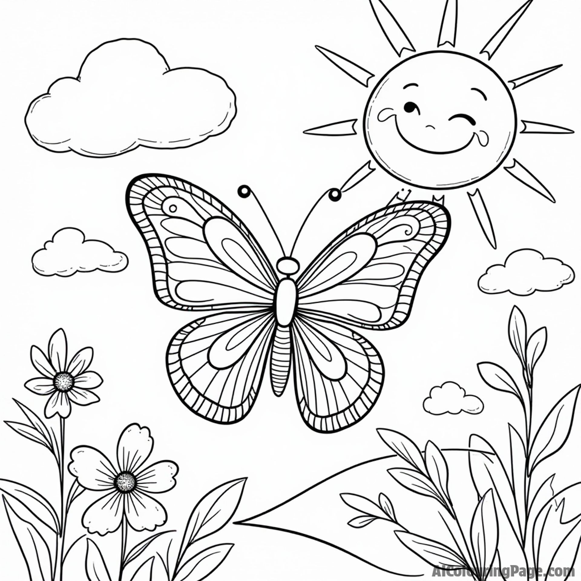 A butterfly dancing around a cheerful sun with smiling clouds, creating a joyful scene for kids to color beautifully.