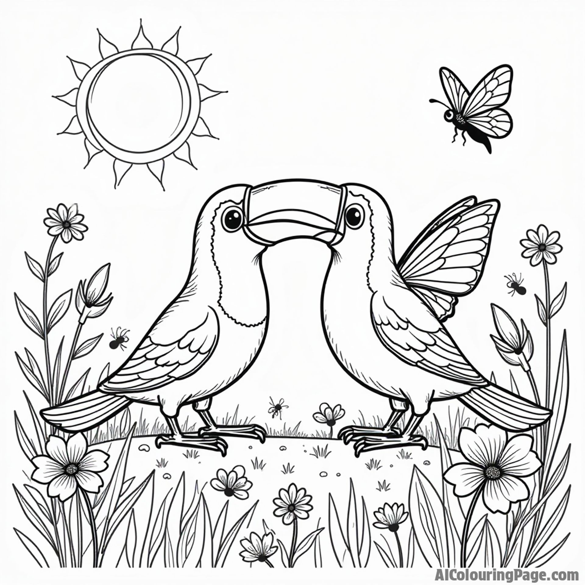 A toucan and a butterfly dancing together in a sunny meadow filled with wildflowers and buzzing bees for children.