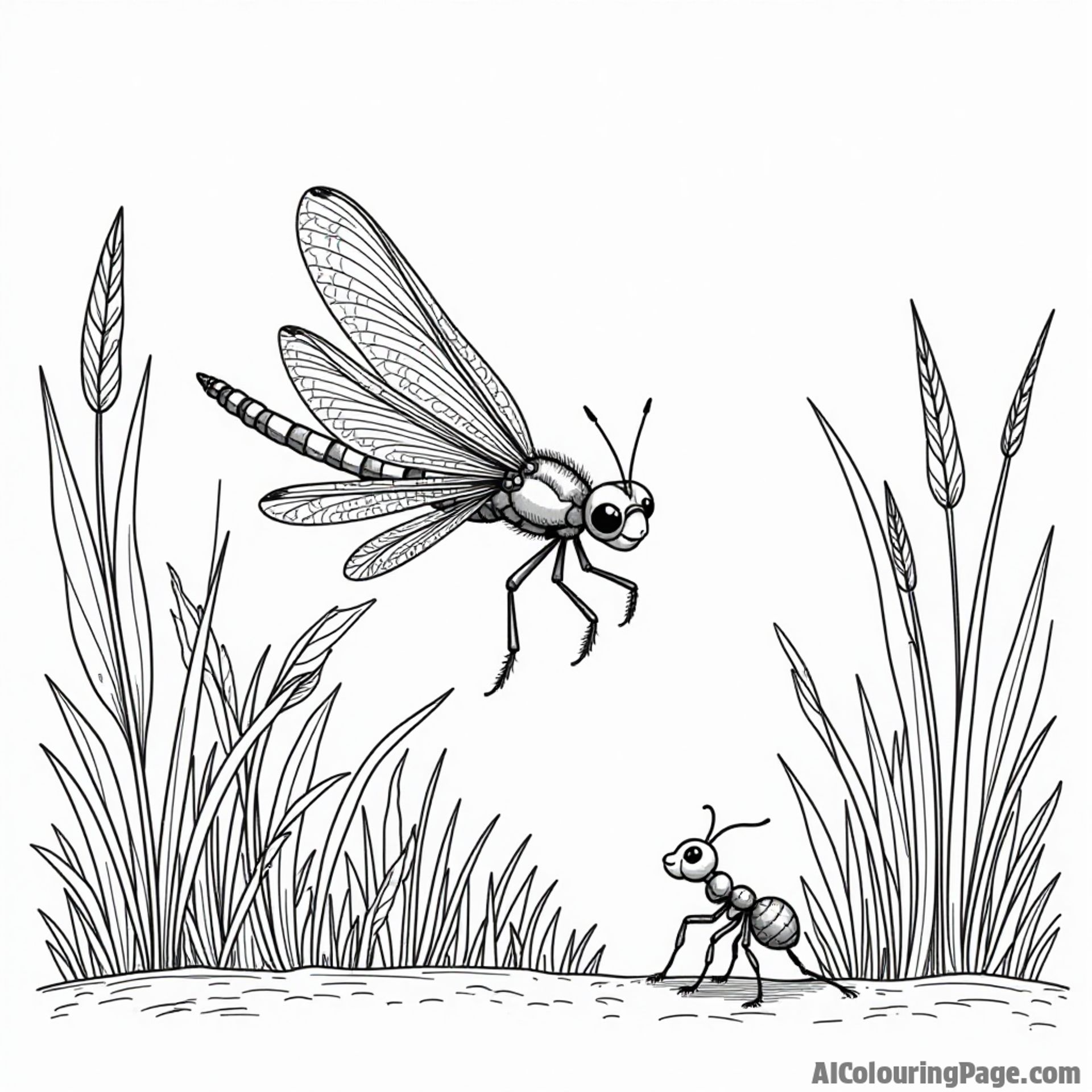 A dragonfly playing hide and seek among tall grass with a playful ant scouting the area for fun.