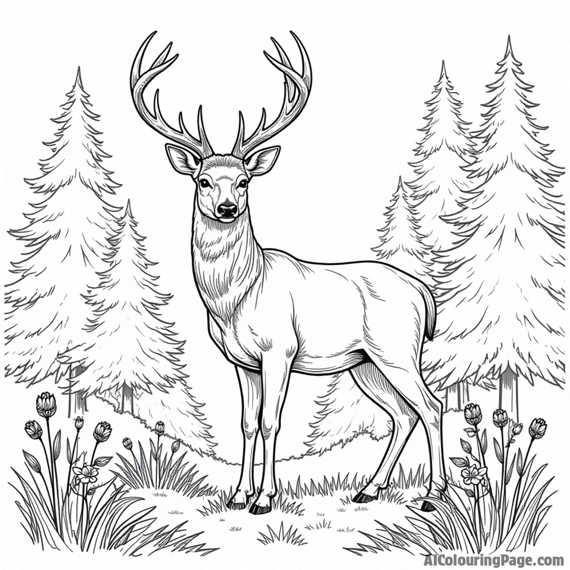 A majestic deer standing in a forest clearing, with tall pine trees and wildflowers around, perfect for a coloring page.