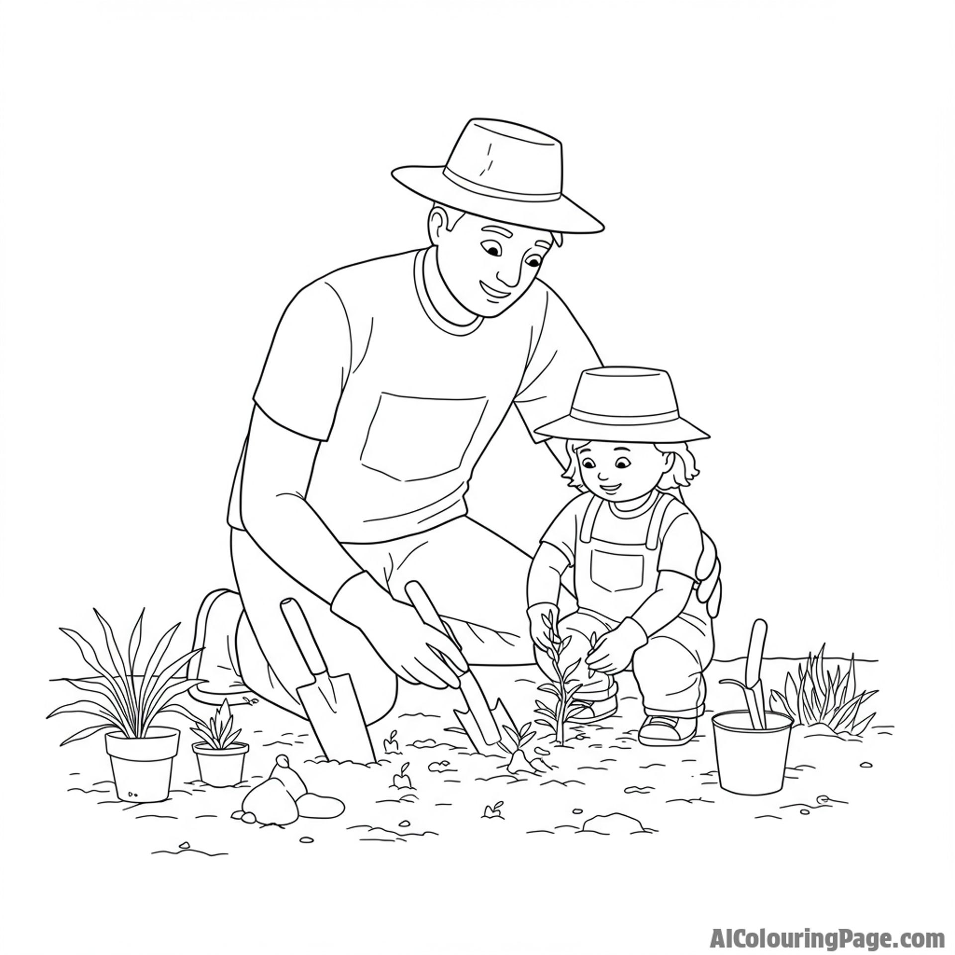 Father and child gardening, planting seeds.