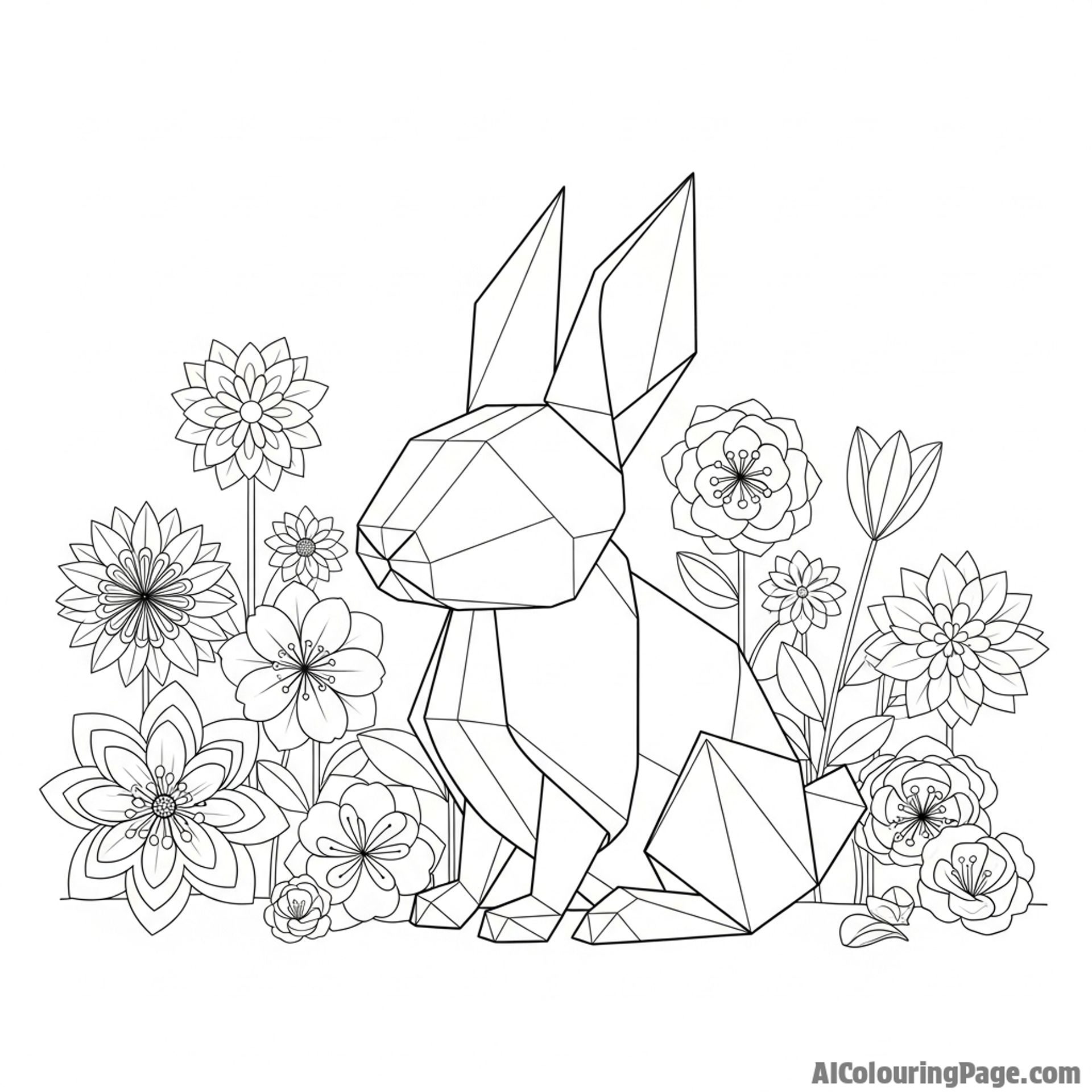 An origami rabbit sitting amongst a field of paper flowers.
