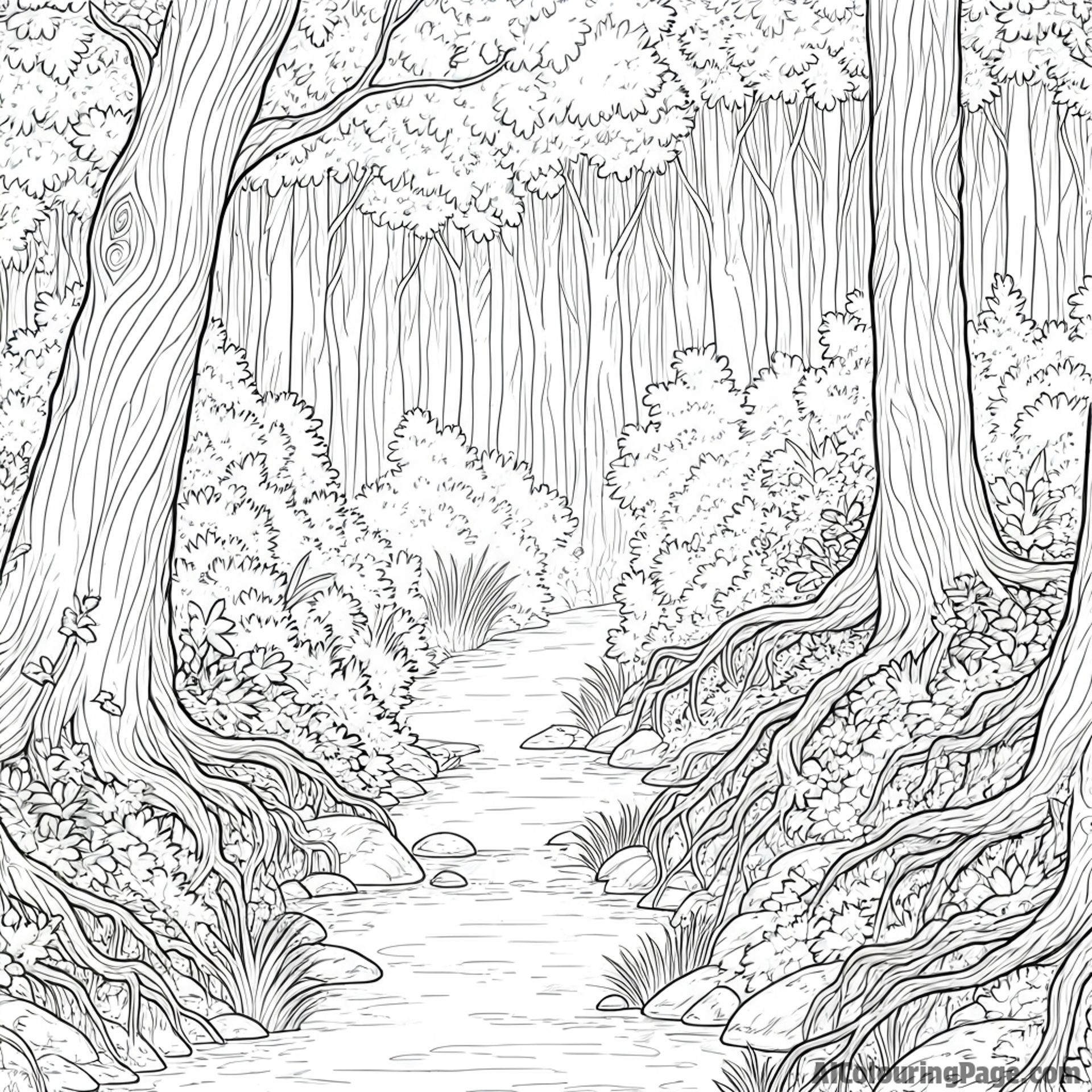 Dense woodland, tangled undergrowth, gnarled roots, hidden stream.