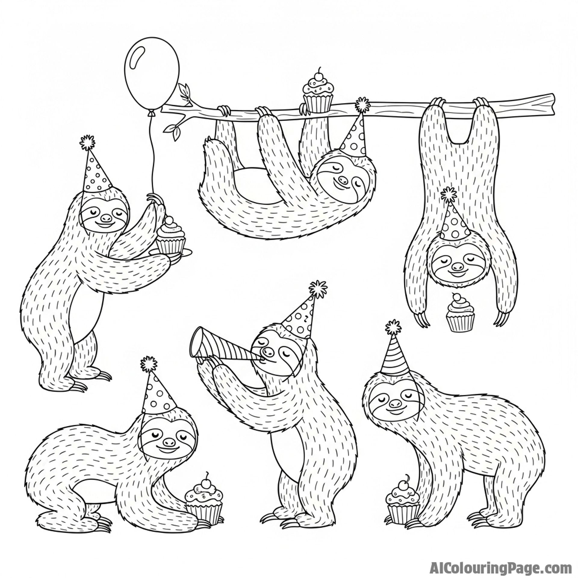 A group of sloths having a very slow-motion party with tiny festive hats.