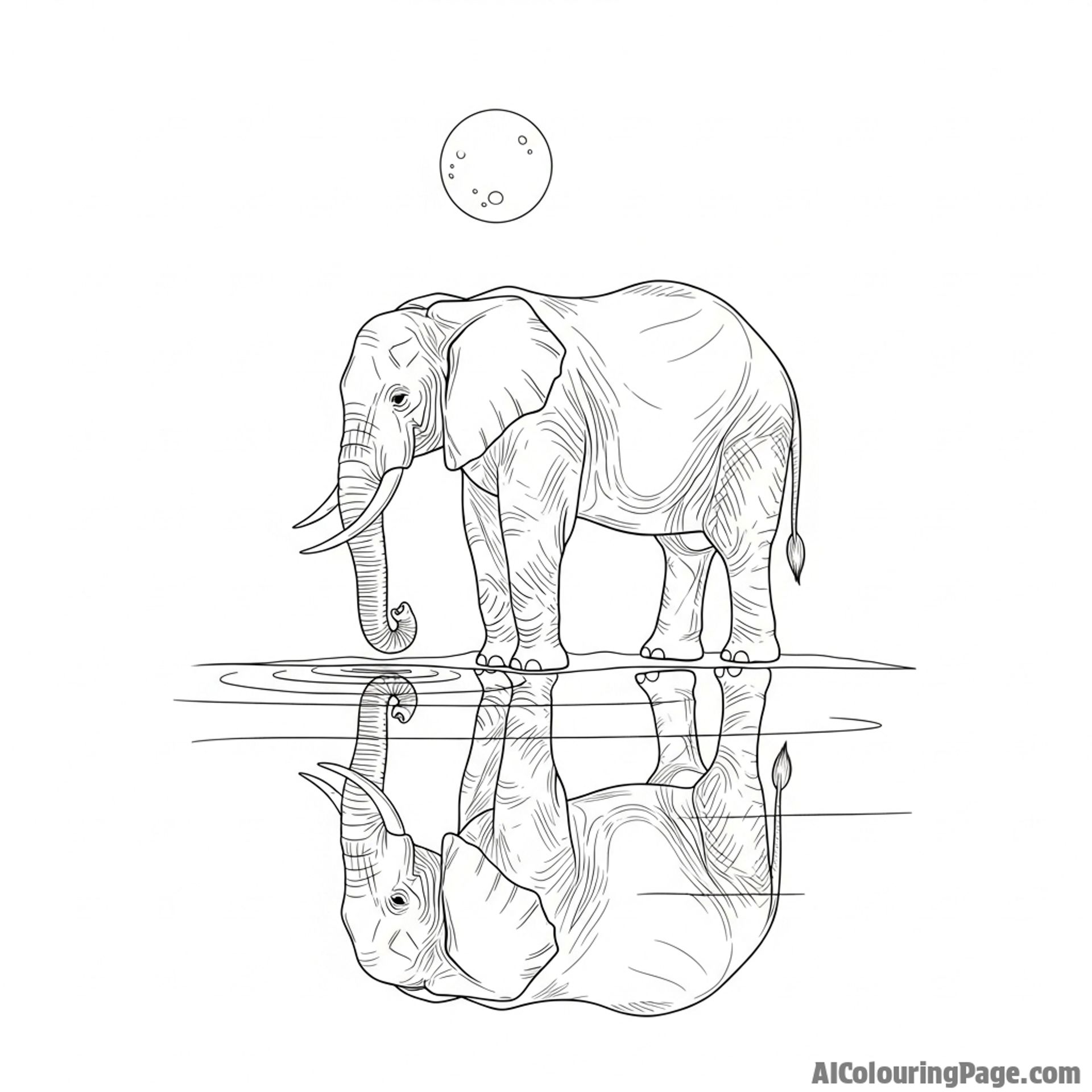 An elephant's reflection in a perfectly still watering hole under a full moon.