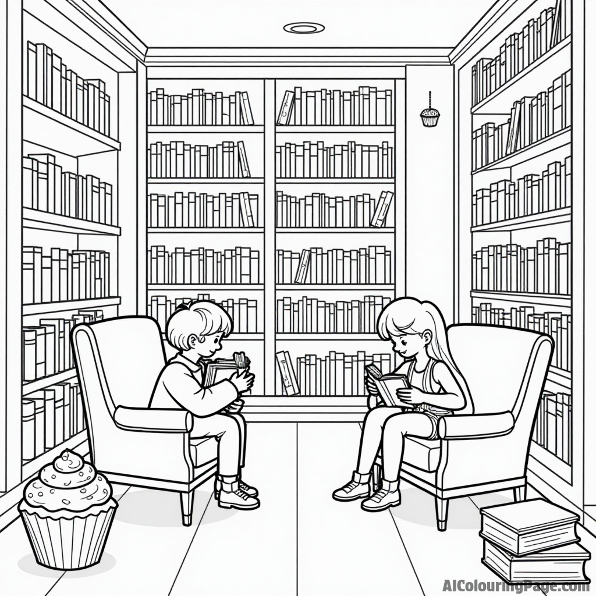 A cupcake-themed library where bookshelves are filled with cupcake recipes, characters reading, and cupcakes scattered around.