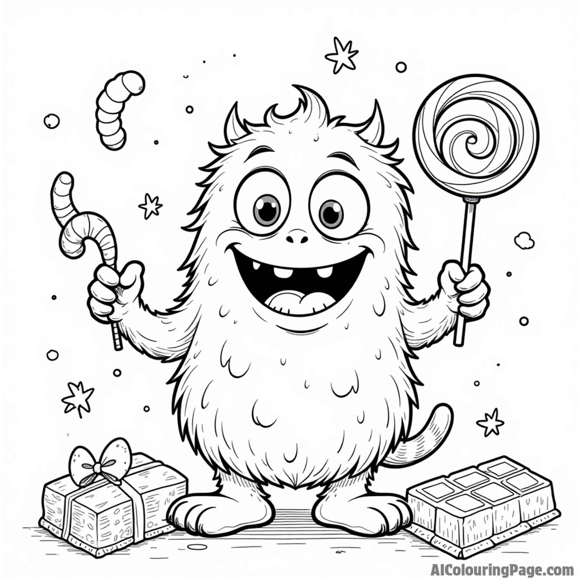 A friendly candy monster playfully surrounded by sweets like lollipops, chocolate bars, and gummy worms for fun coloring.