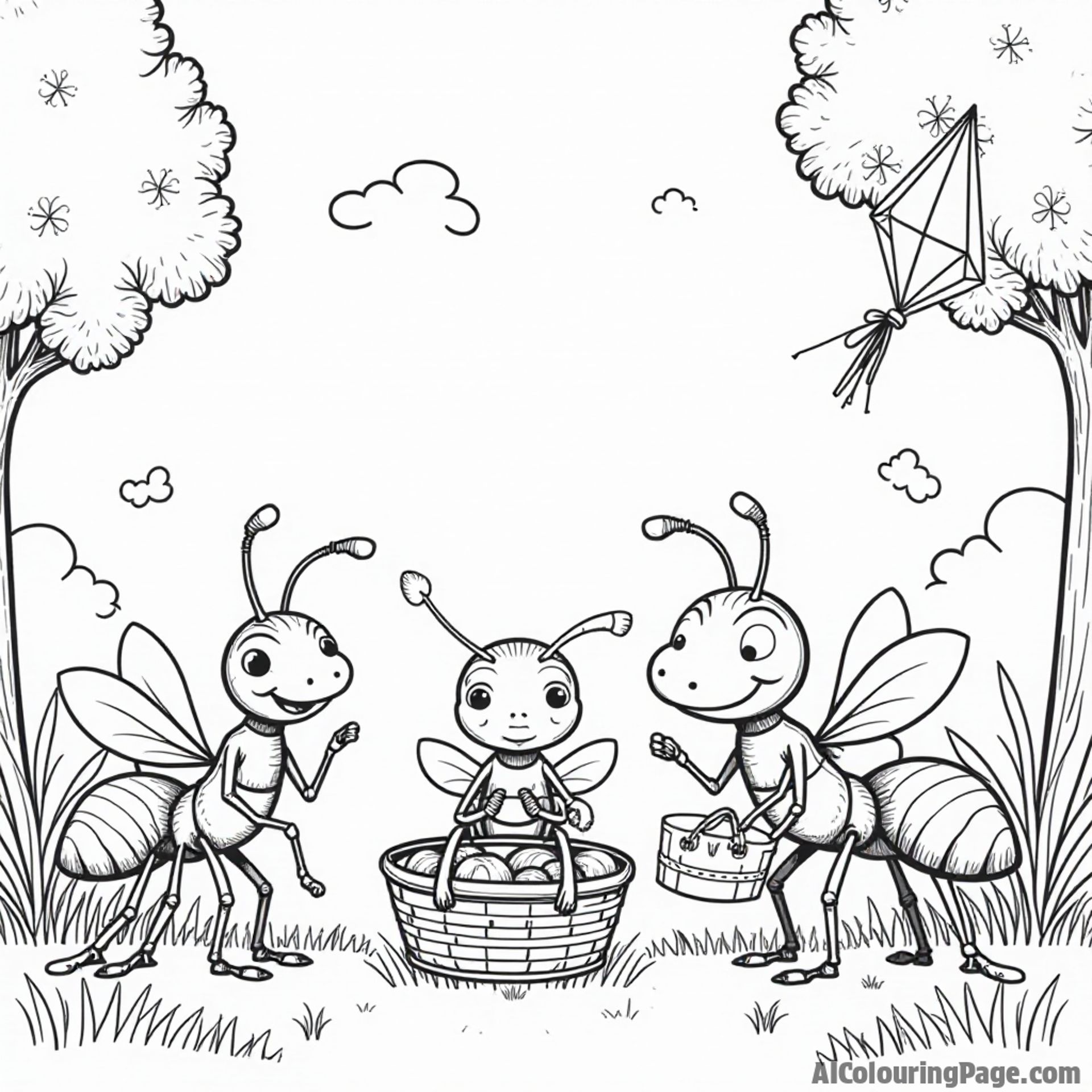 A family of ants enjoying a day at the park with kites and picnic baskets, encouraging family fun in coloring.