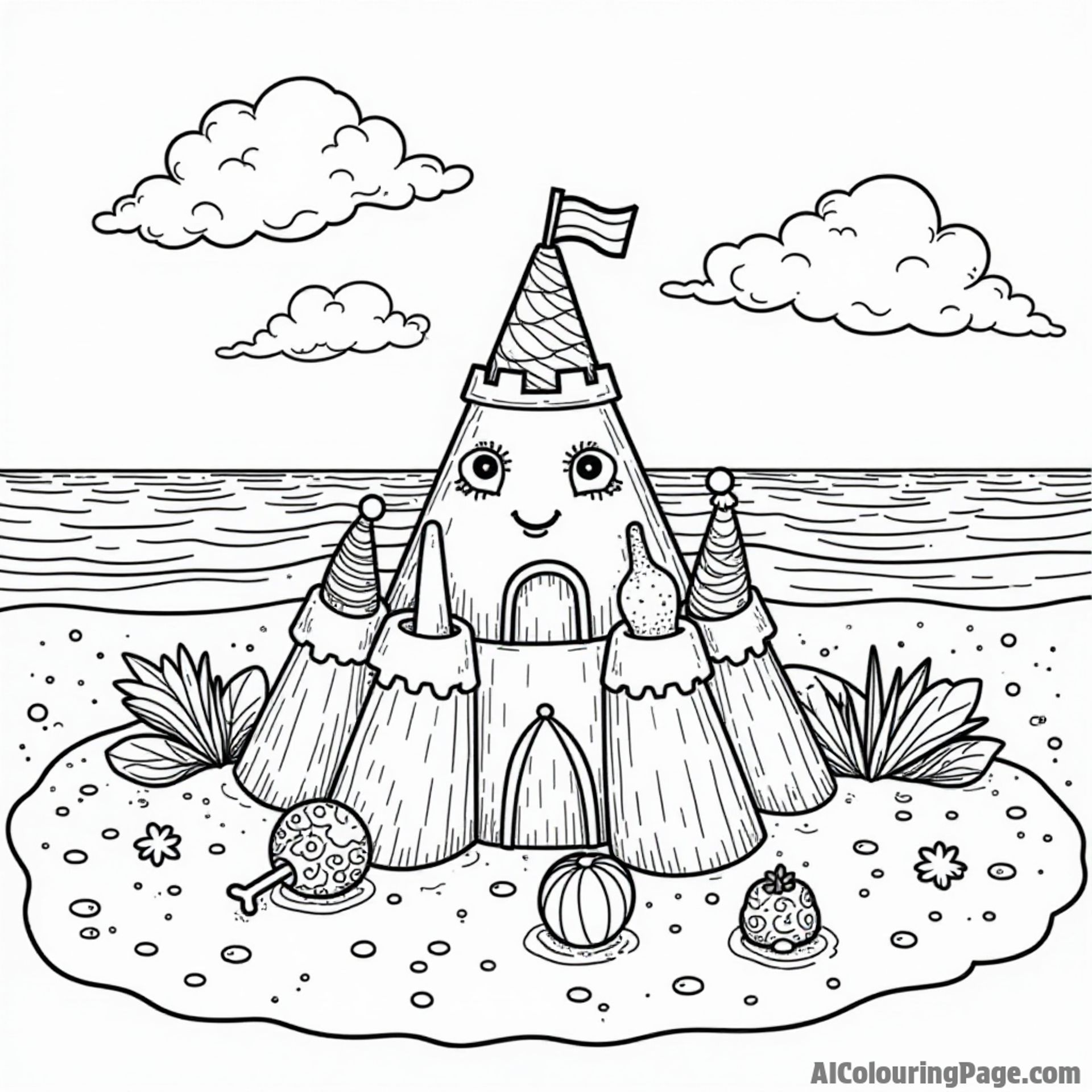 A playful beach scene with a sandcastle made of candy, ice cream cones, and fruit-shaped beach balls for creative coloring.