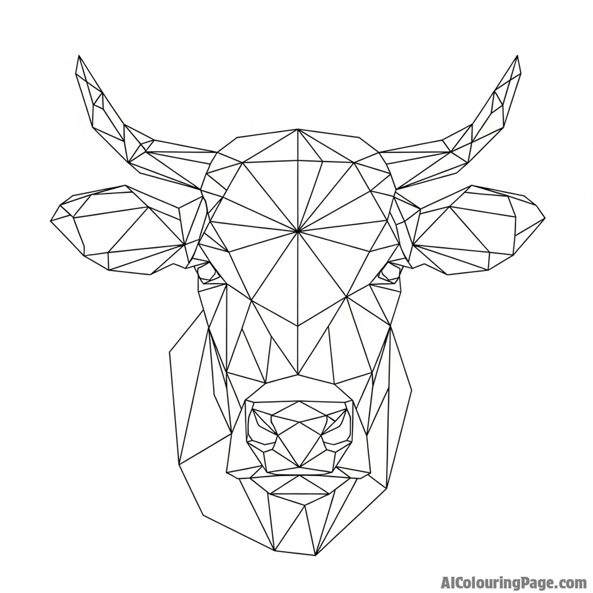 A low-poly, geometric digital art representation of a cow\'s head.