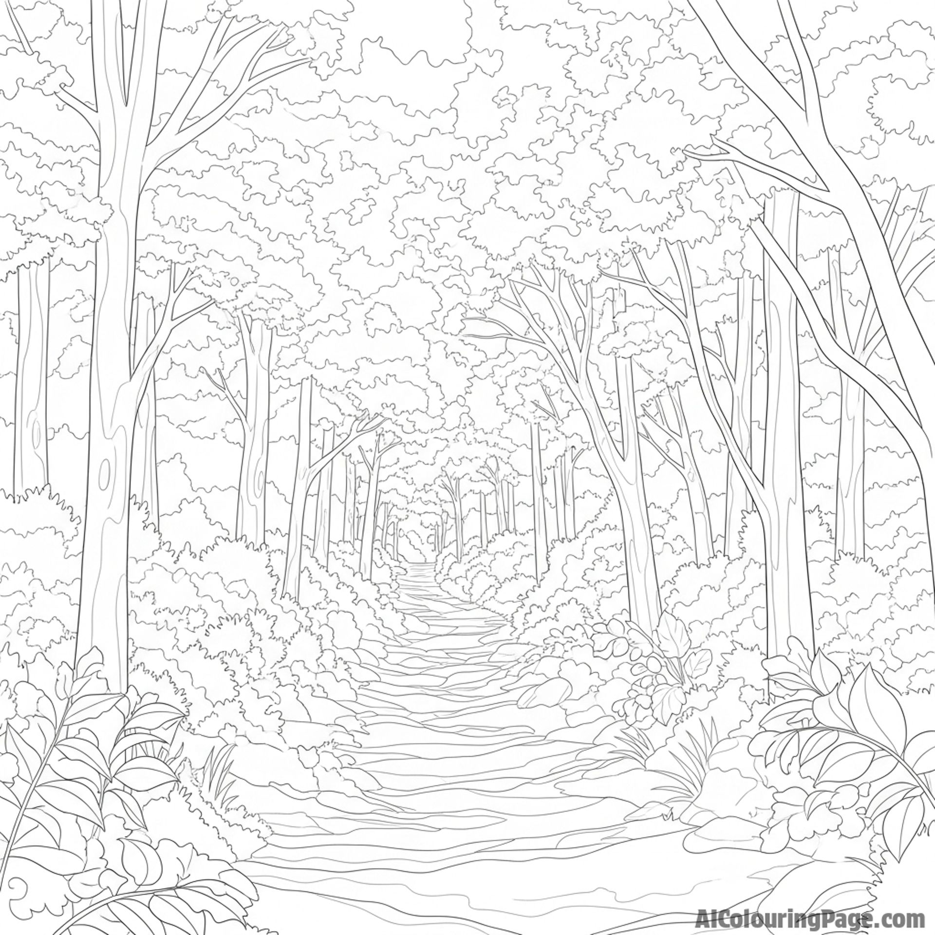 Shadows cast by trees and leaves on a forest path.