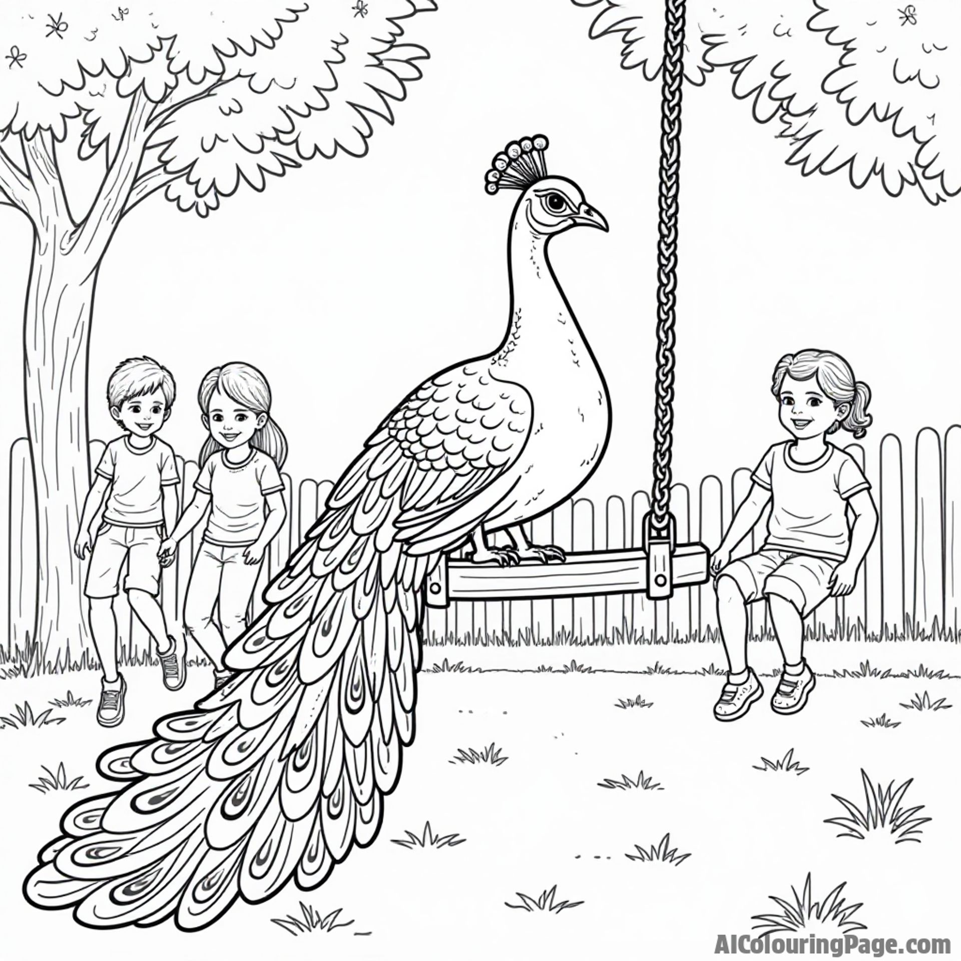 A peacock sitting on a swing in a playground, with happy children playing in the background on a sunny day