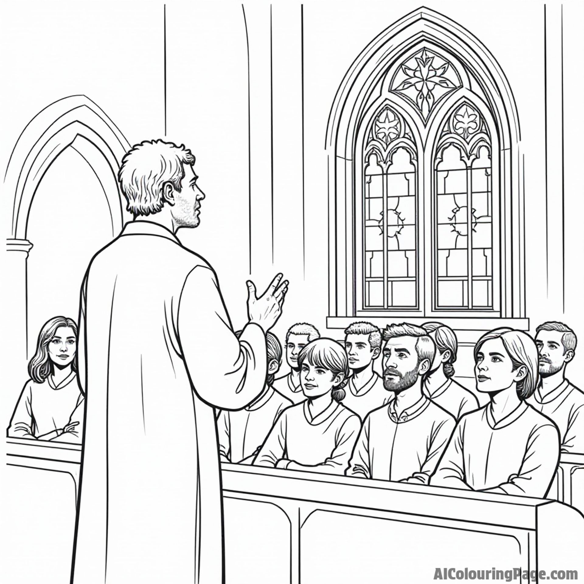 A pastor giving a sermon to a congregation, with people listening attentively and a beautiful stained glass window behind.