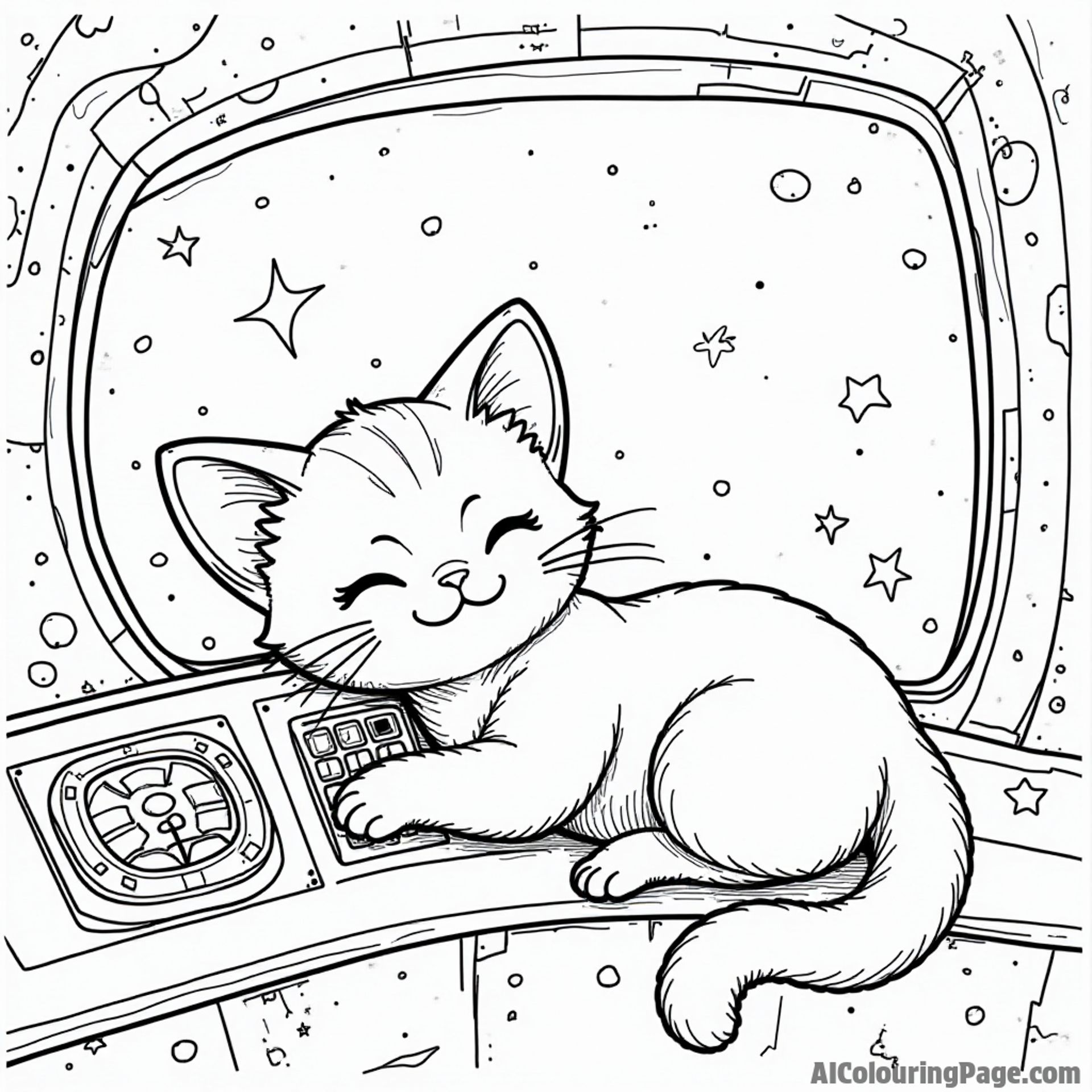 A cute alien cat lounging on a spaceship dashboard, surrounded by buttons and a window showing a colorful nebula.