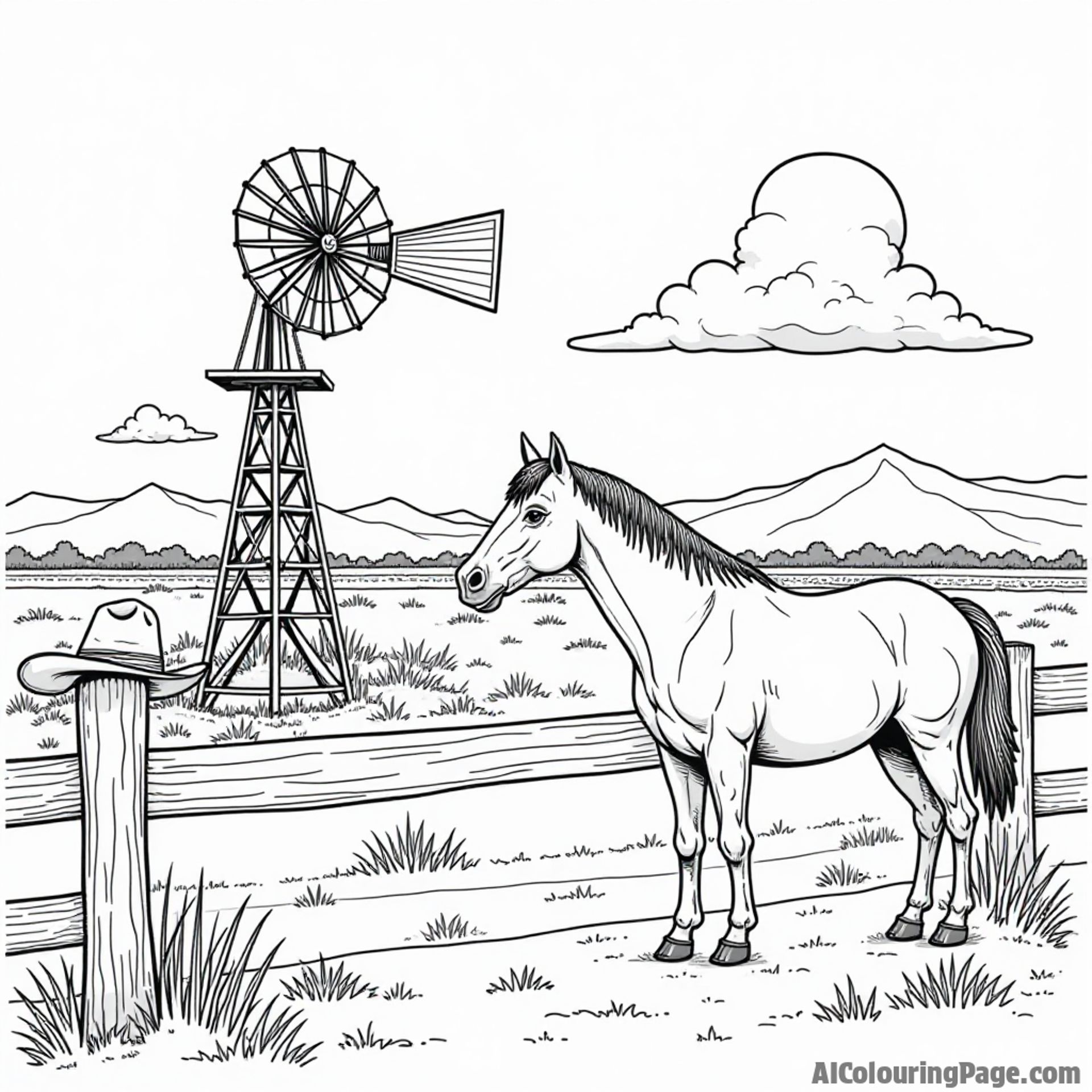 A charming Texas ranch scene featuring a windmill, a horse, and a cowboy hat resting on a fence for kids to color.