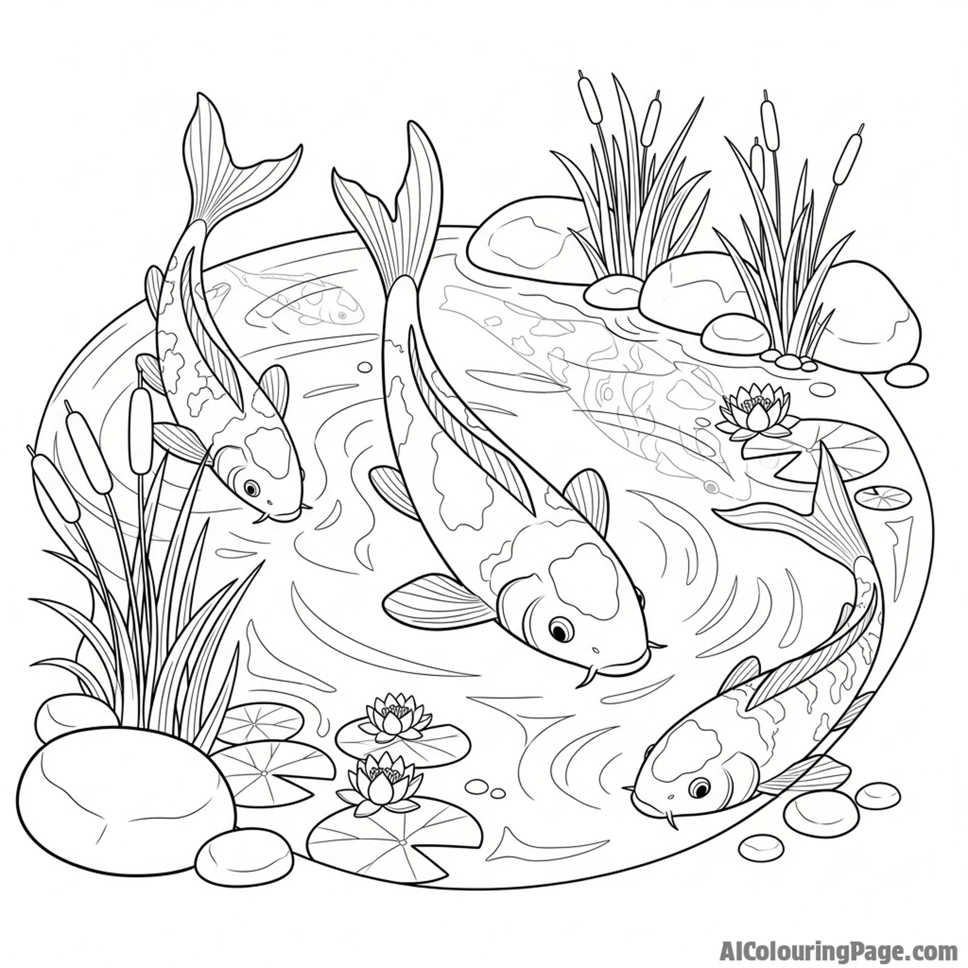 A koi pond at twilight, the fish appearing as pale, ghostly shapes moving beneath the surface.