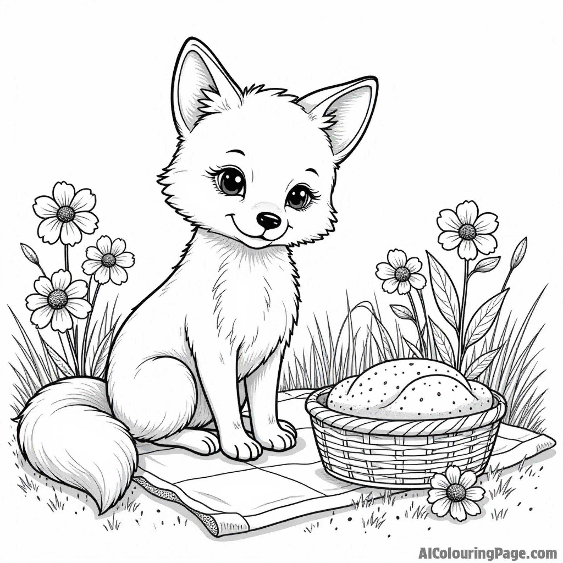 An adorable fox sitting on a picnic blanket surrounded by Tennessee wildflowers and a basket of freshly baked cornbread.