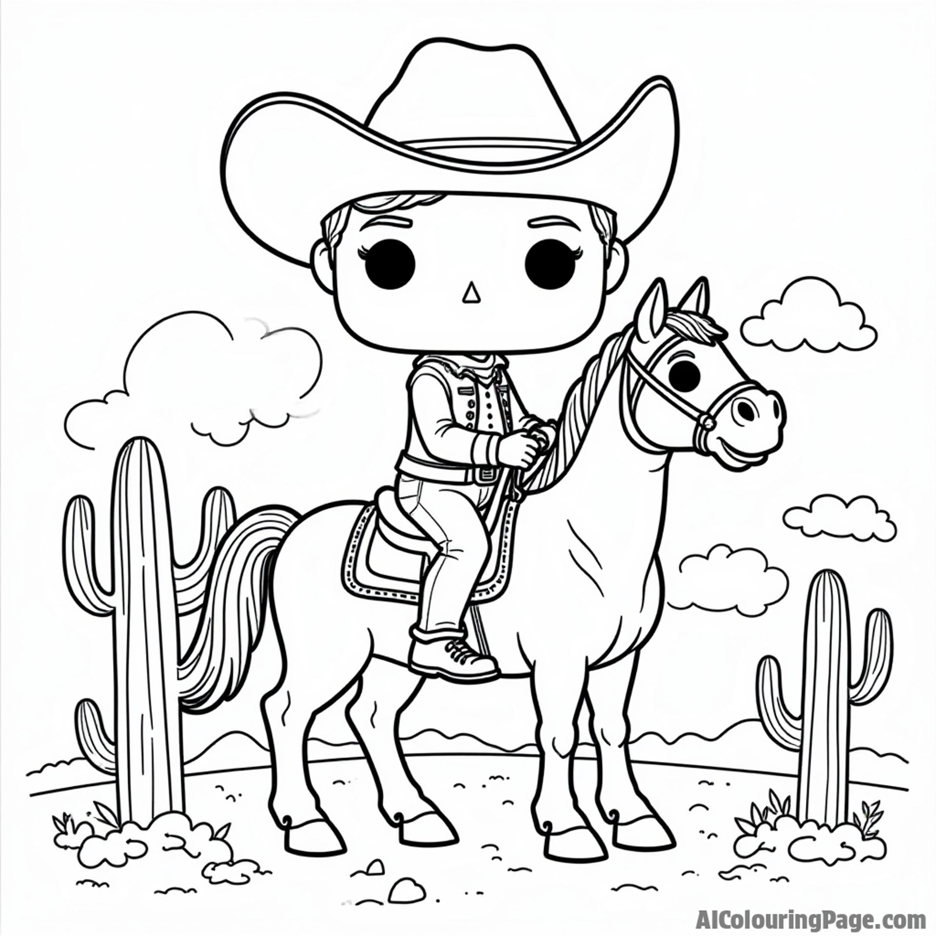A Funko Pop character dressed as a cowboy riding a horse, with a cactus and a sunset background, presenting a western theme that invites kids to add their colors and creativity.