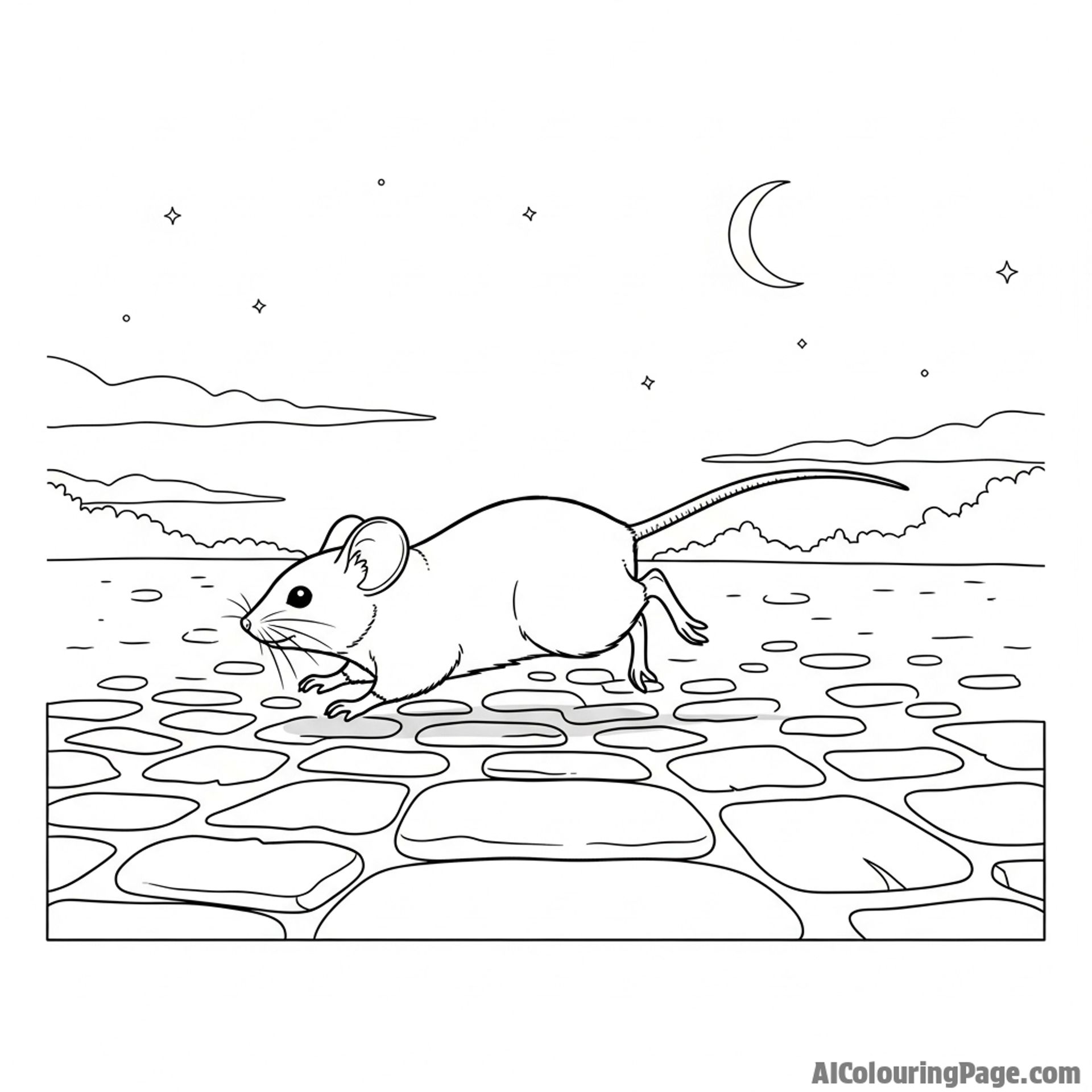 Cinematic shot of a mouse scurrying across a cobblestone street at dusk.
