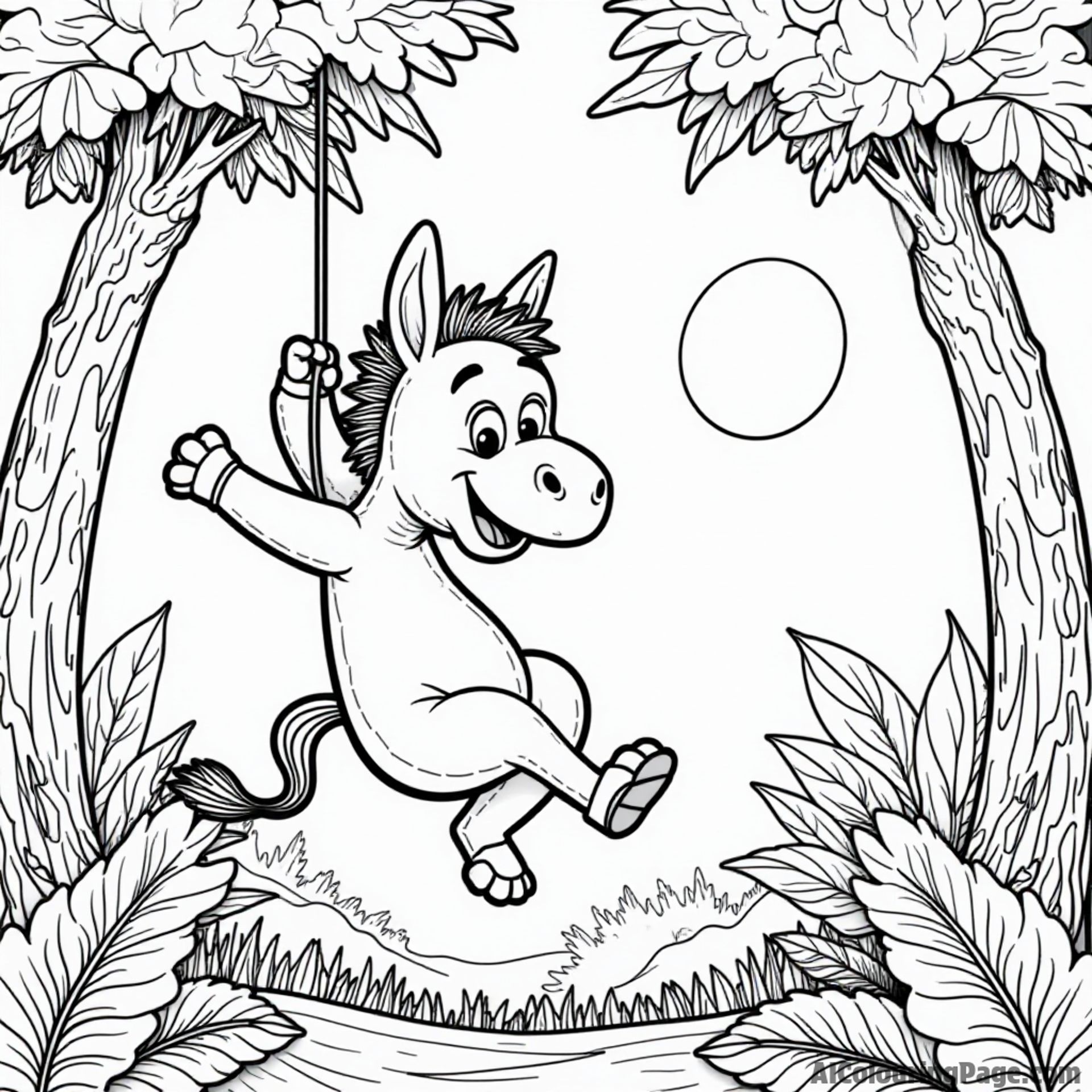 A cartoonish donkey swinging from vines in a jungle, bananas scattered around, with a bright sun shining in the background