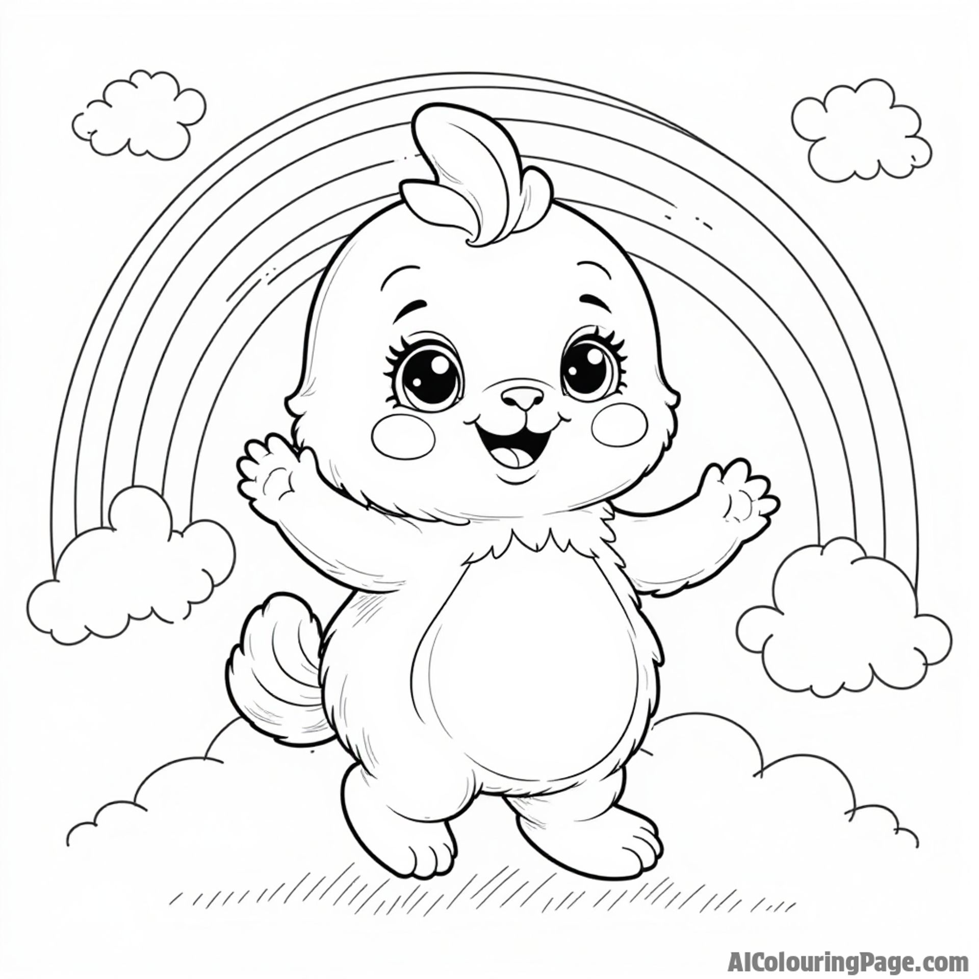 A joyful Hatchimal dancing with a rainbow in the background, along with cheerful clouds, creating an uplifting atmosphere for children to color and enjoy in this Toys and Games Coloring Pages theme.
