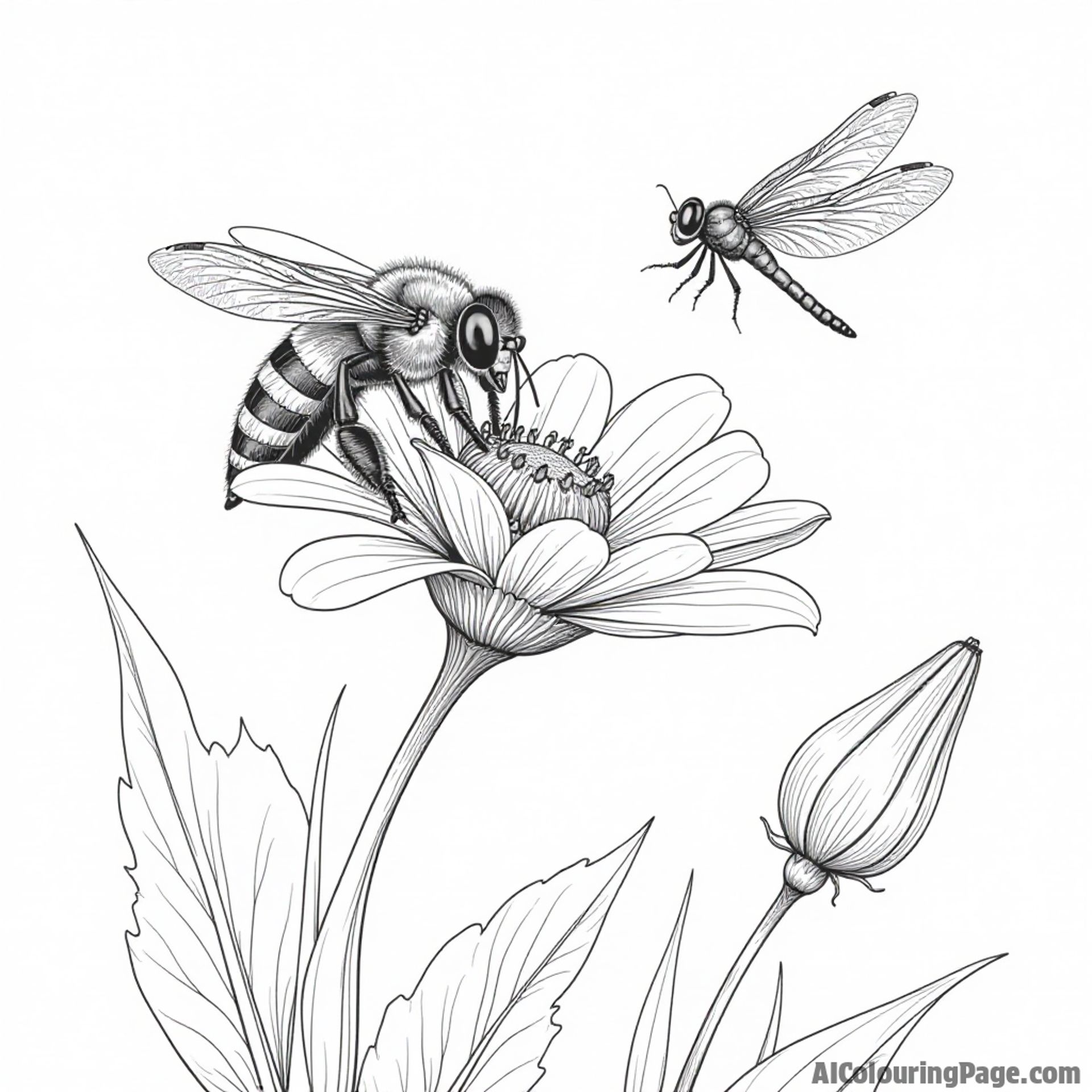 A bee collecting nectar from a flower while a dragonfly hovers nearby, adding more life to the scene.