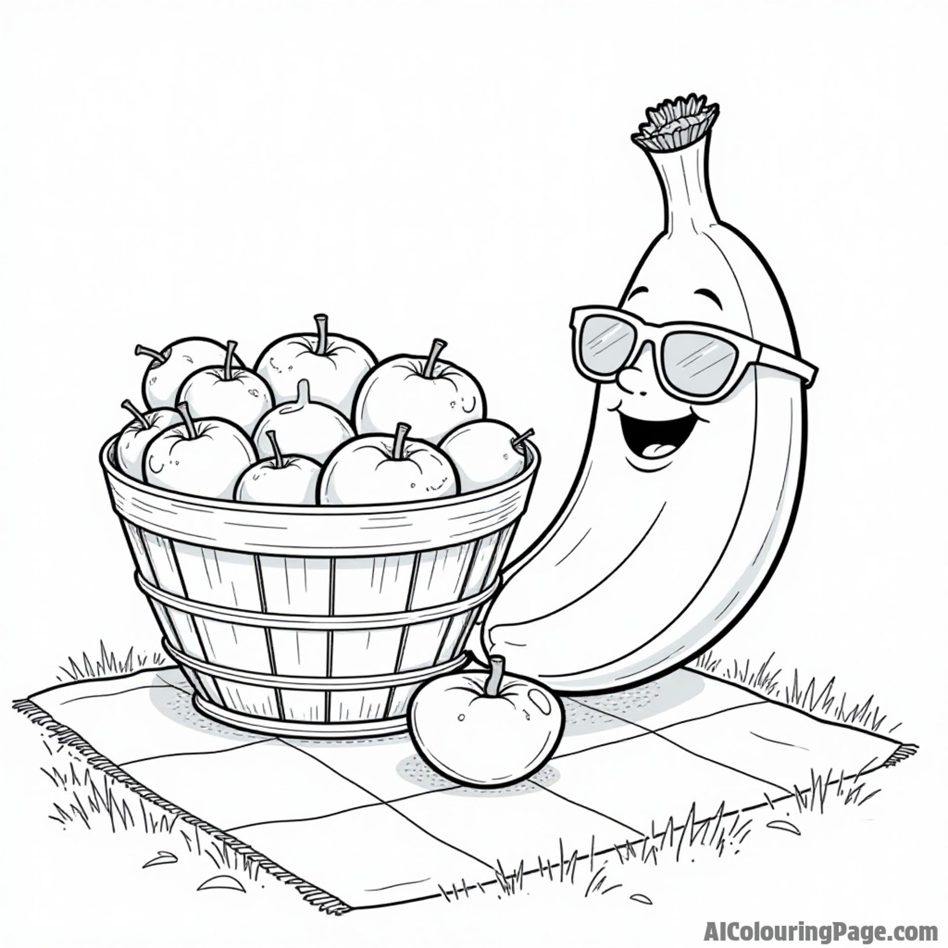 A vibrant fruit basket with apples, a joyful banana character, and a funny orange with sunglasses on a picnic blanket.