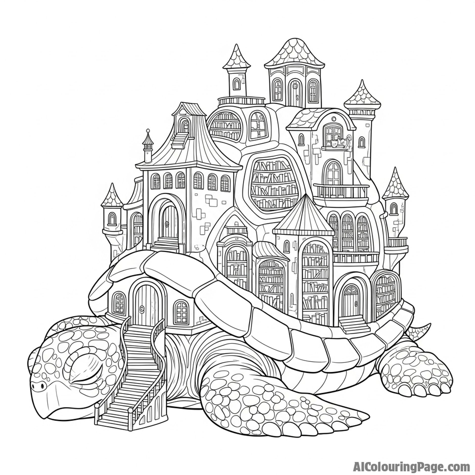 A library built on the back of a colossal, sleeping turtle.