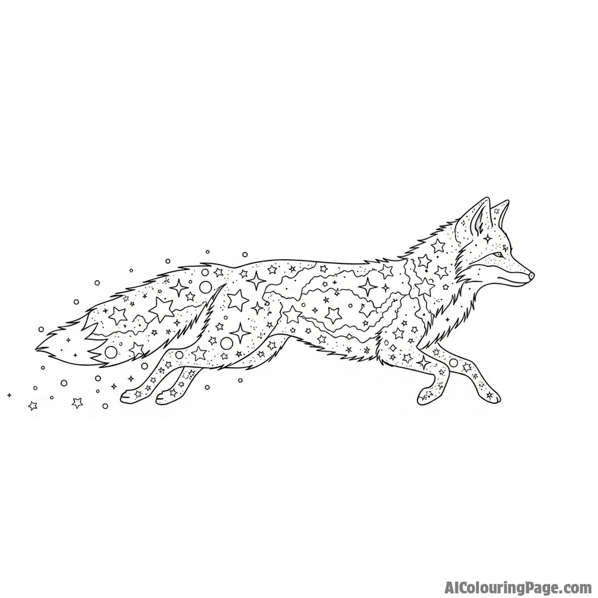 A celestial fox composed of stars and nebulae, streaking across the night sky.